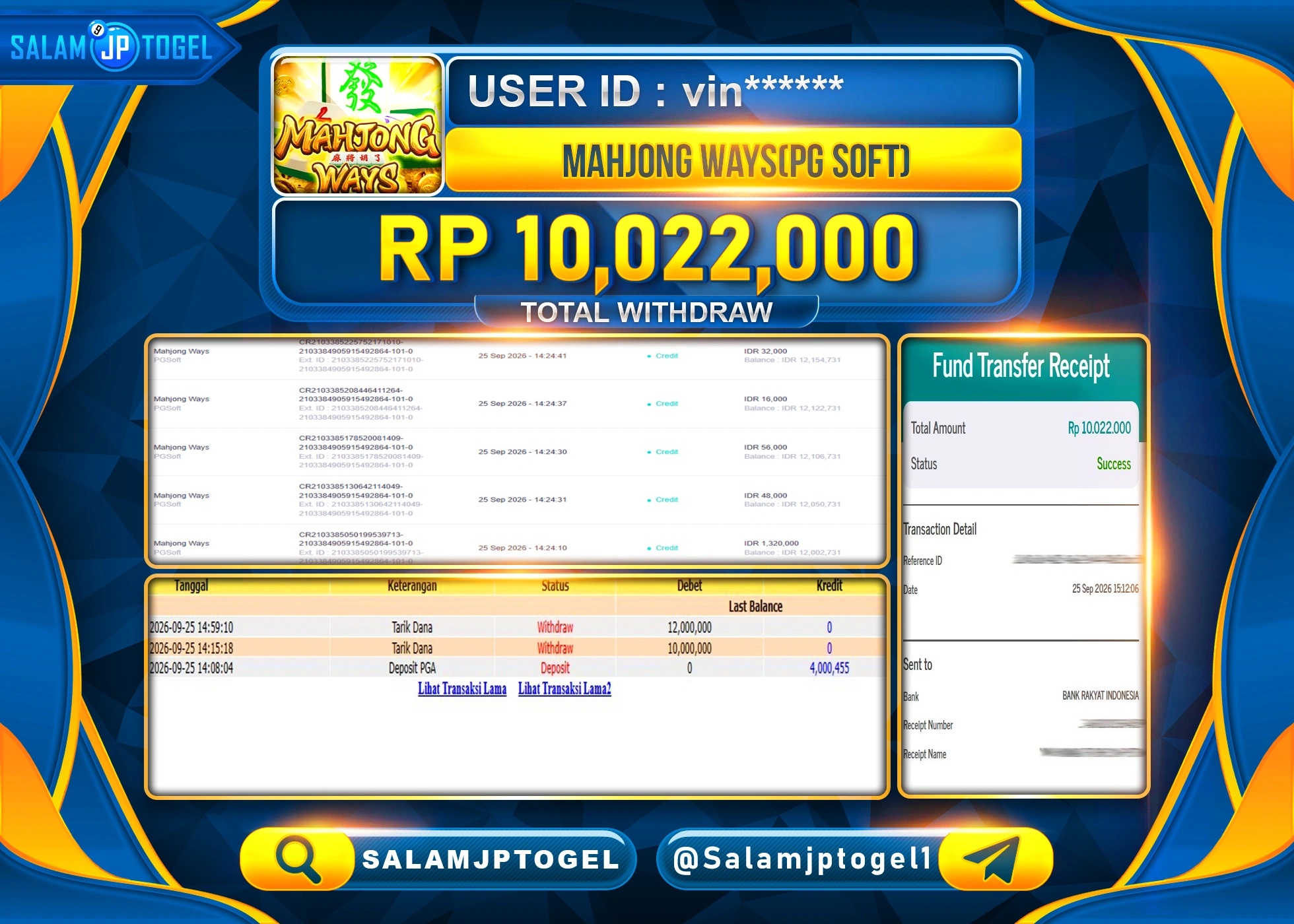 SALAMJPTOGEL JACKPOT MENANG SLOT MAHJONG WAYS PG SOFT Rp.10,022,000 - LUNAS
