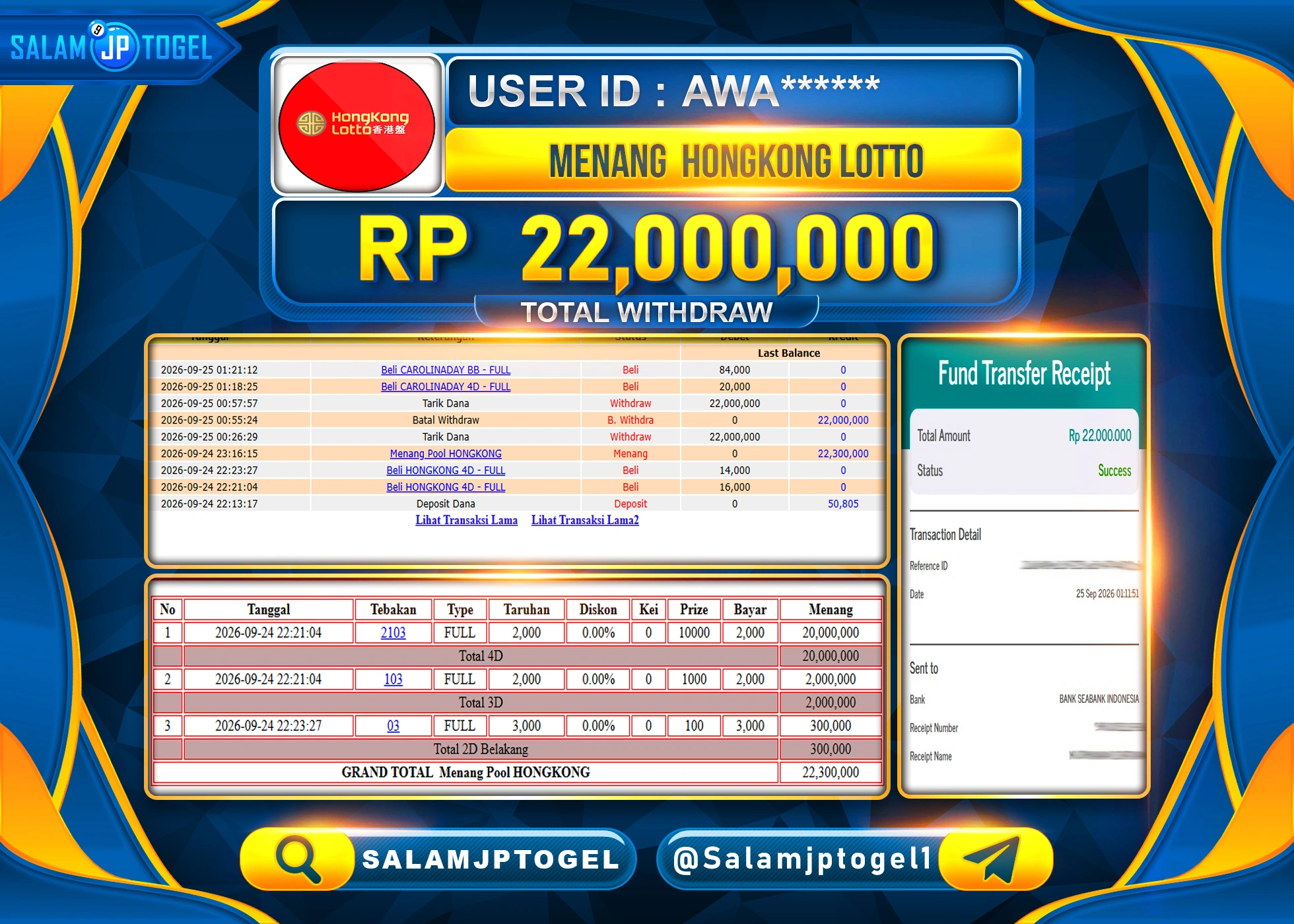 SALAMJPTOGEL JACKPOT MENANG TOGEL HONGKONG LOTTO Rp.22,000,000 - LUNAS