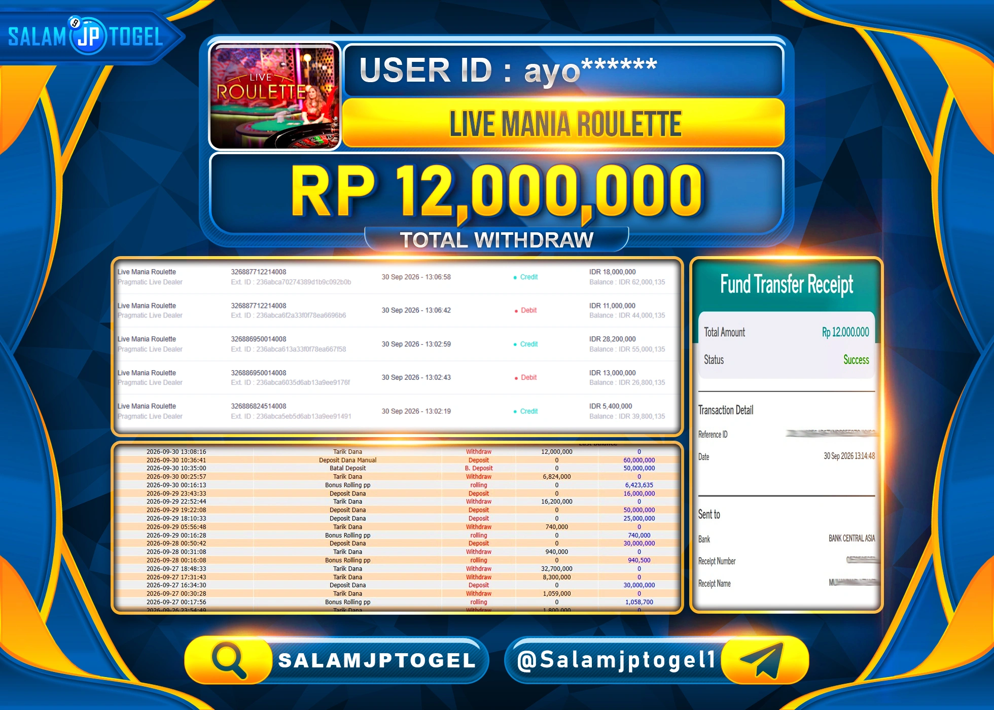 SALAMJPTOGEL JACKPOT MENANG LIVEGAMES LIVE MANIA ROULETTE Rp.12,000,000 - LUNAS