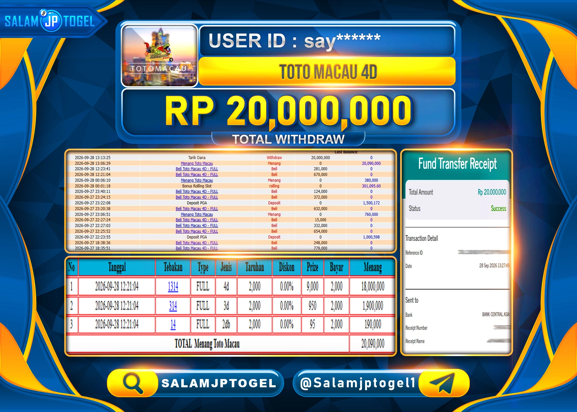 SALAMJPTOGEL JACKPOT MENANG TOGEL TOTO MACAU 4D Rp.20,000,000 - LUNAS