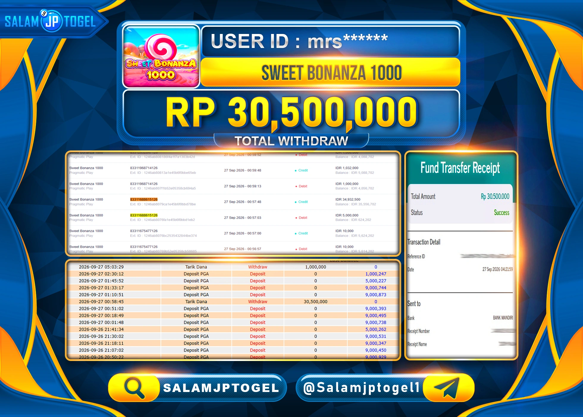 SALAMJPTOGEL JACKPOT MENANG SLOT SWEET BONANZA 1000 Rp.30,500,000 - LUNAS
