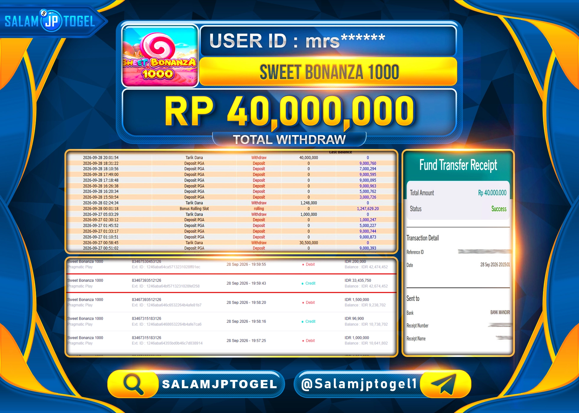 SALAMJPTOGEL JACKPOT MENANG SLOT SWEET BONANZA 1000 Rp.40,000,000 - LUNAS