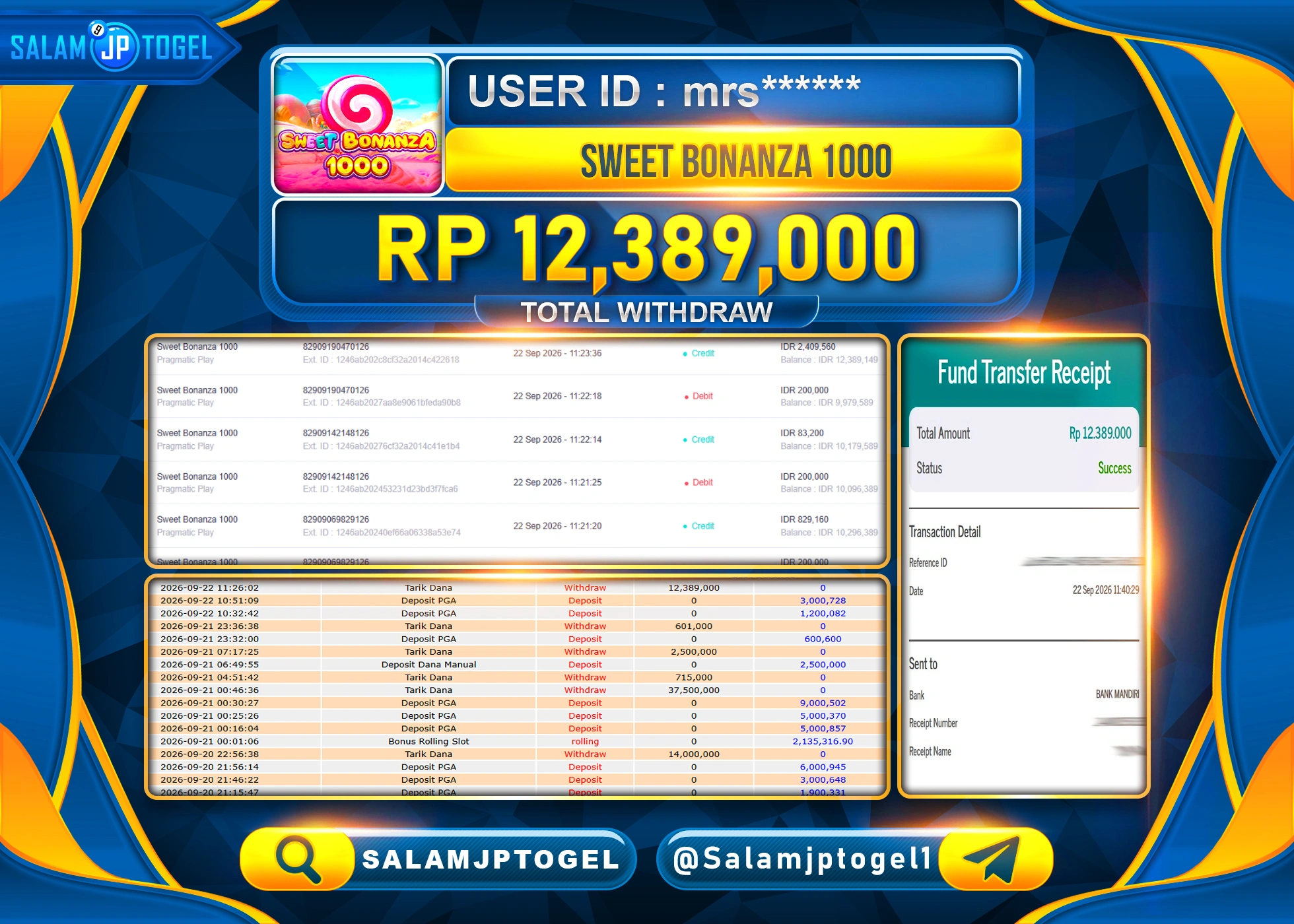 SALAMJPTOGEL JACKPOT MENANG SLOT SWEET BONANZA 1000 Rp.12,389,000 - LUNAS