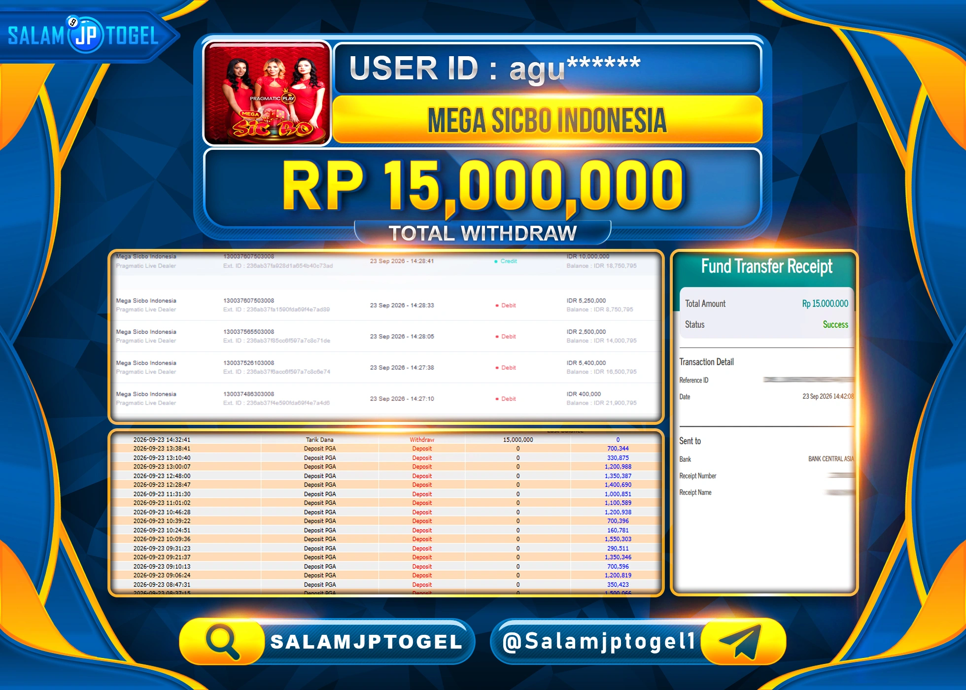 SALAMJPTOGEL JACKPOT MENANG LIVEGAMES MEGA SICBO INDONESIA Rp.15,000,000 - LUNAS