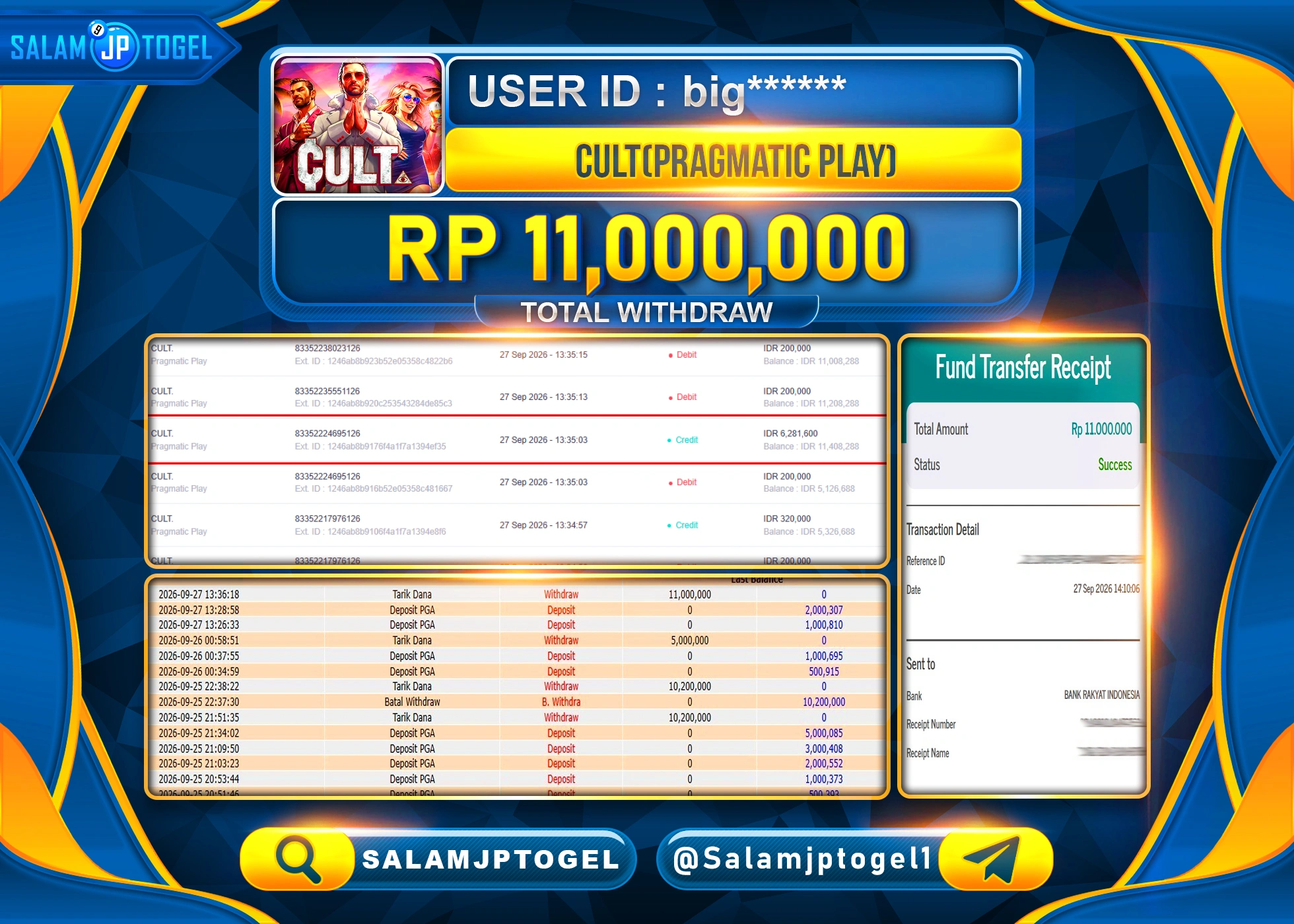 SALAMJPTOGEL JACKPOT MENANG SLOT CULT PRAGMATIC PLAY Rp.11,000,000 - LUNAS
