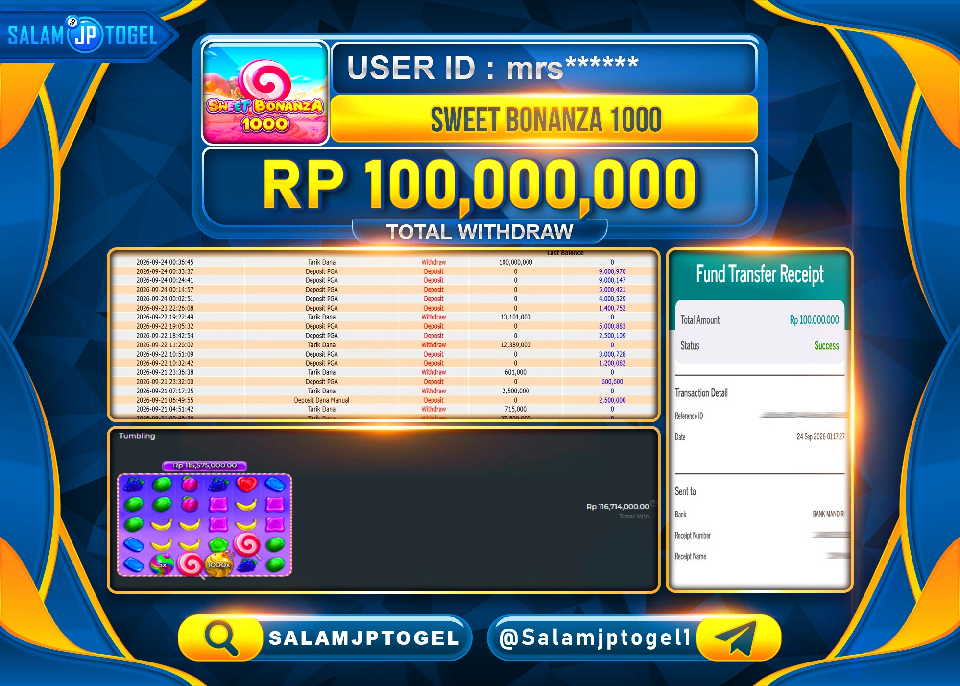 SALAMJPTOGEL JACKPOT MENANG SLOT SWEET BONANZA 1000 Rp.100,000,000 - LUNAS
