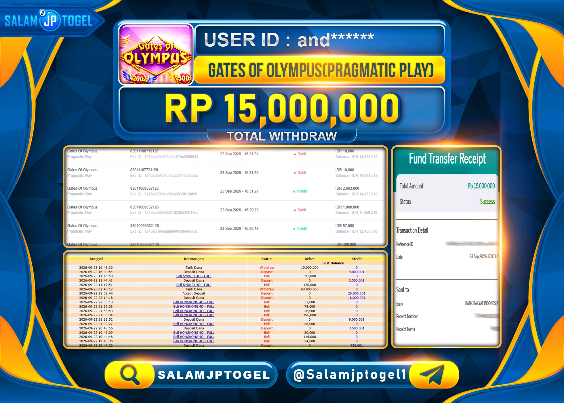 SALAMJPTOGEL JACKPOT MENANG SLOT GATES OF OLYMPUS Rp.15,000,000 - LUNAS