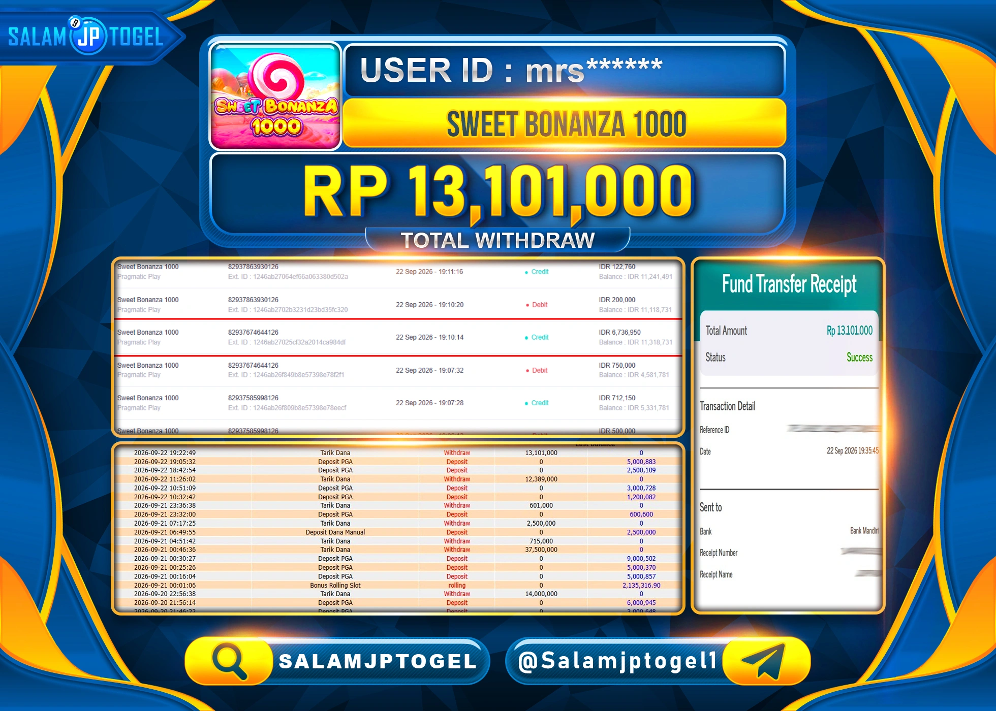 SALAMJPTOGEL JACKPOT MENANG SLOT SWEET BONANZA 1000 Rp.13,101,000 - LUNAS