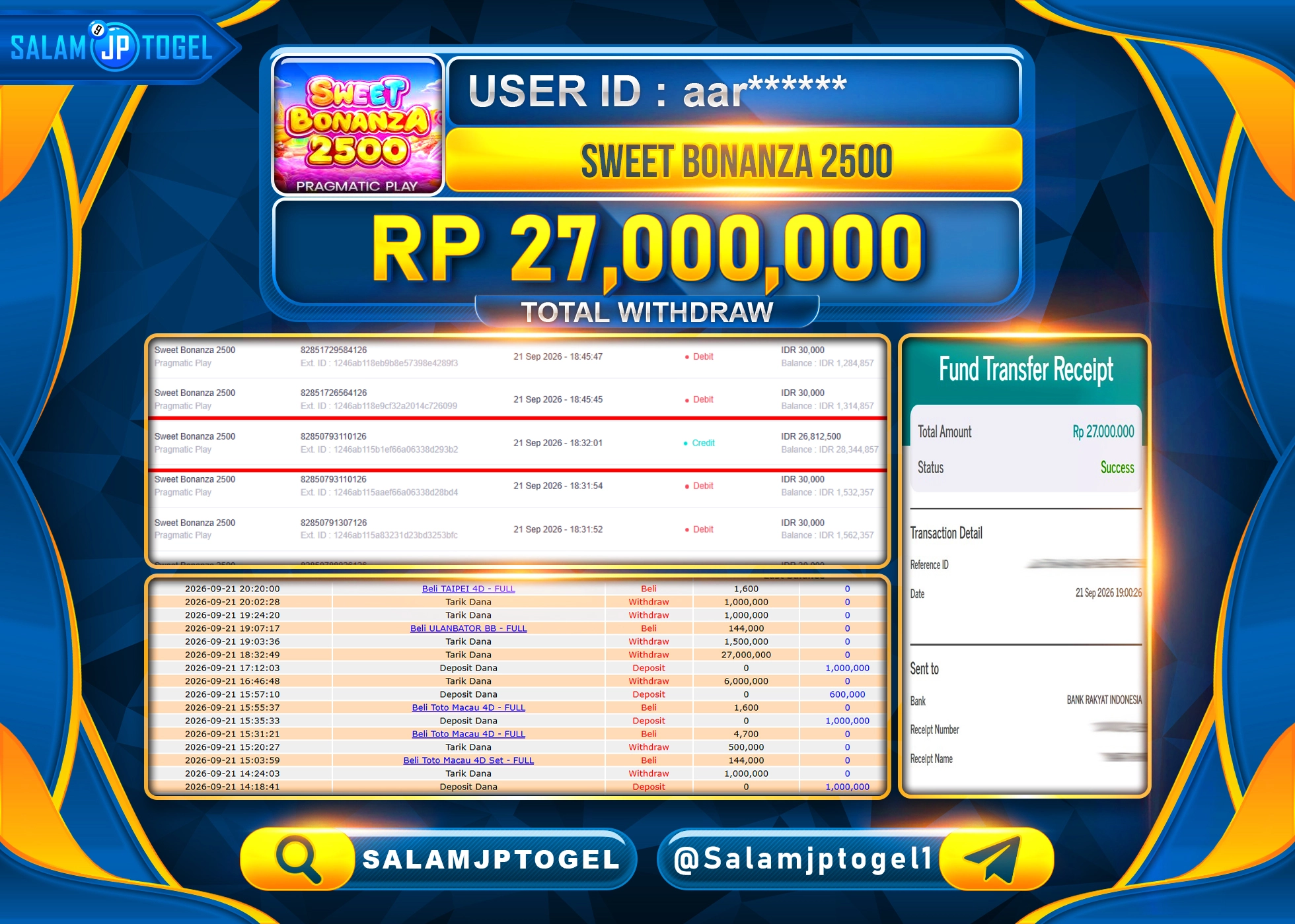 SALAMJPTOGEL JACKPOT MENANG PRAGMATIC SWEET BONANZA 2500 Rp.27,000,000 - LUNAS
