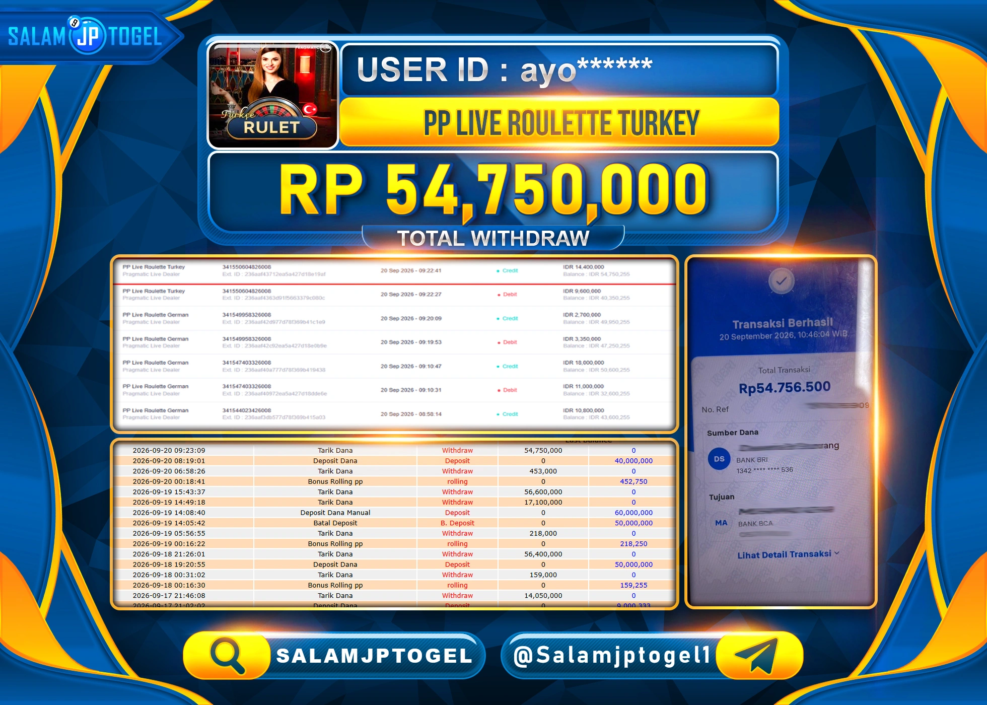 SALAMJPTOGEL JACKPOT MENANG LIVEGAMES PP LIVE ROULETTE TURKEY Rp.54,750,000 - LUNAS