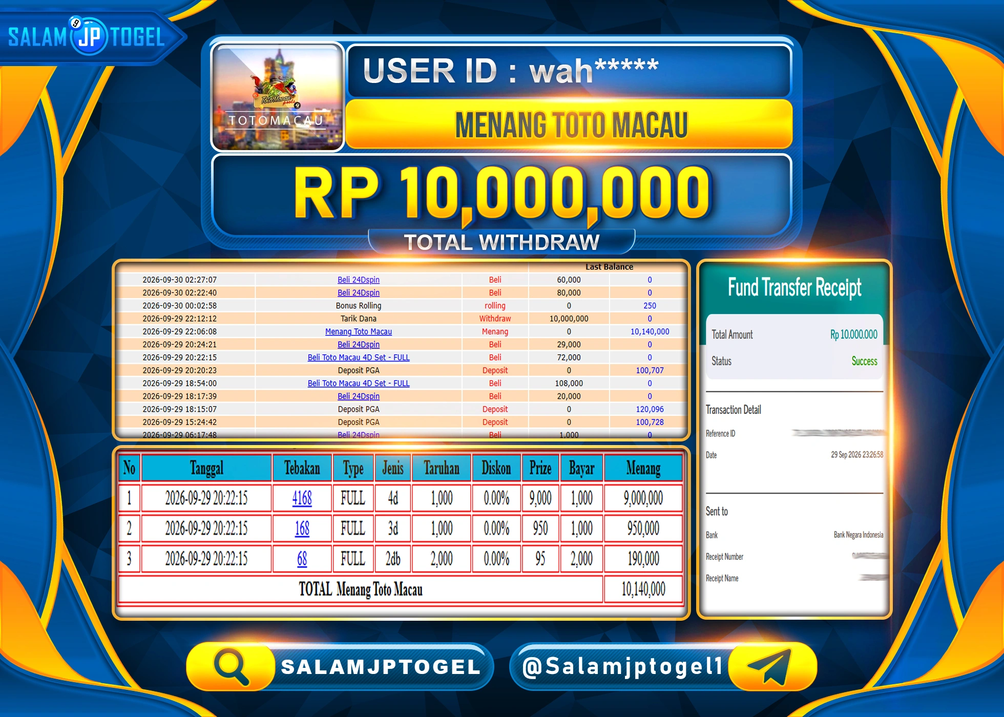 SALAMJPTOGEL JACKPOT MENANG TOGEL TOTO MACAU 4D Rp.10,000,000 - LUNAS
