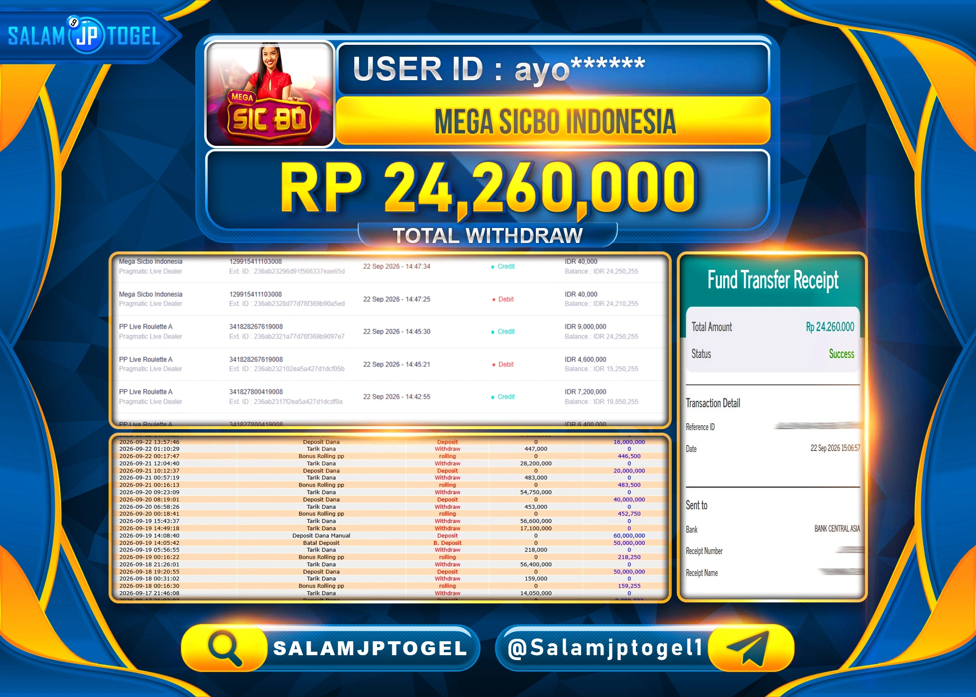 SALAMJPTOGEL JACKPOT MENANG LIVEGAMES MEGA SICBO INDONESIA Rp.24,260,000 - LUNAS