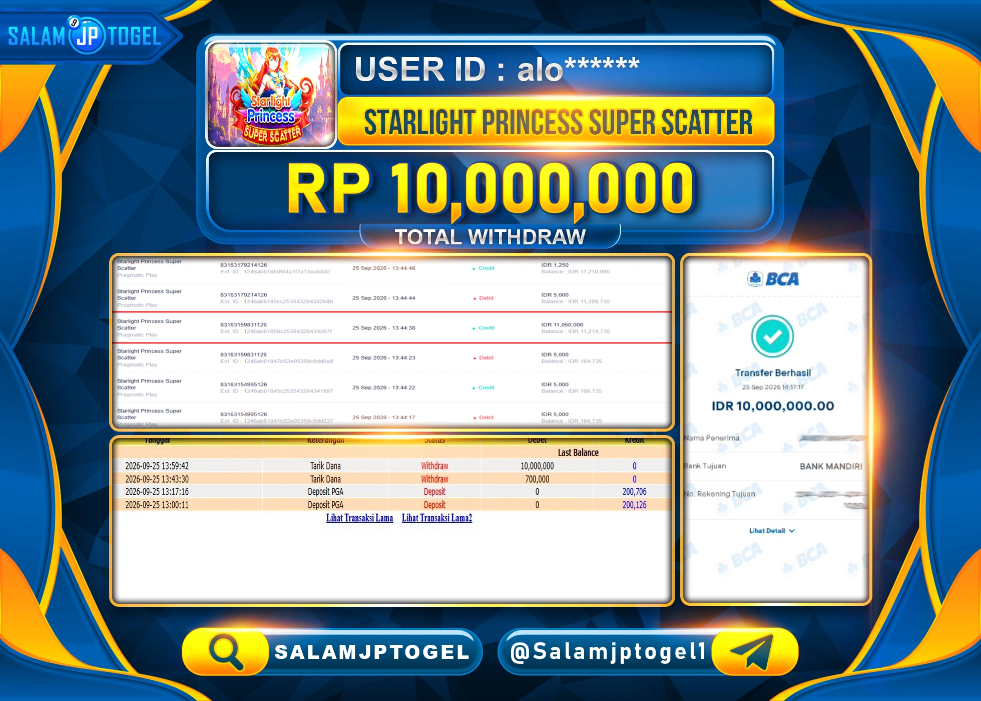 SALAMJPTOGEL JACKPOT MENANG SLOT STARLIGHT PRINCESS SUPER SCATTER Rp.10,000,000 - LUNAS