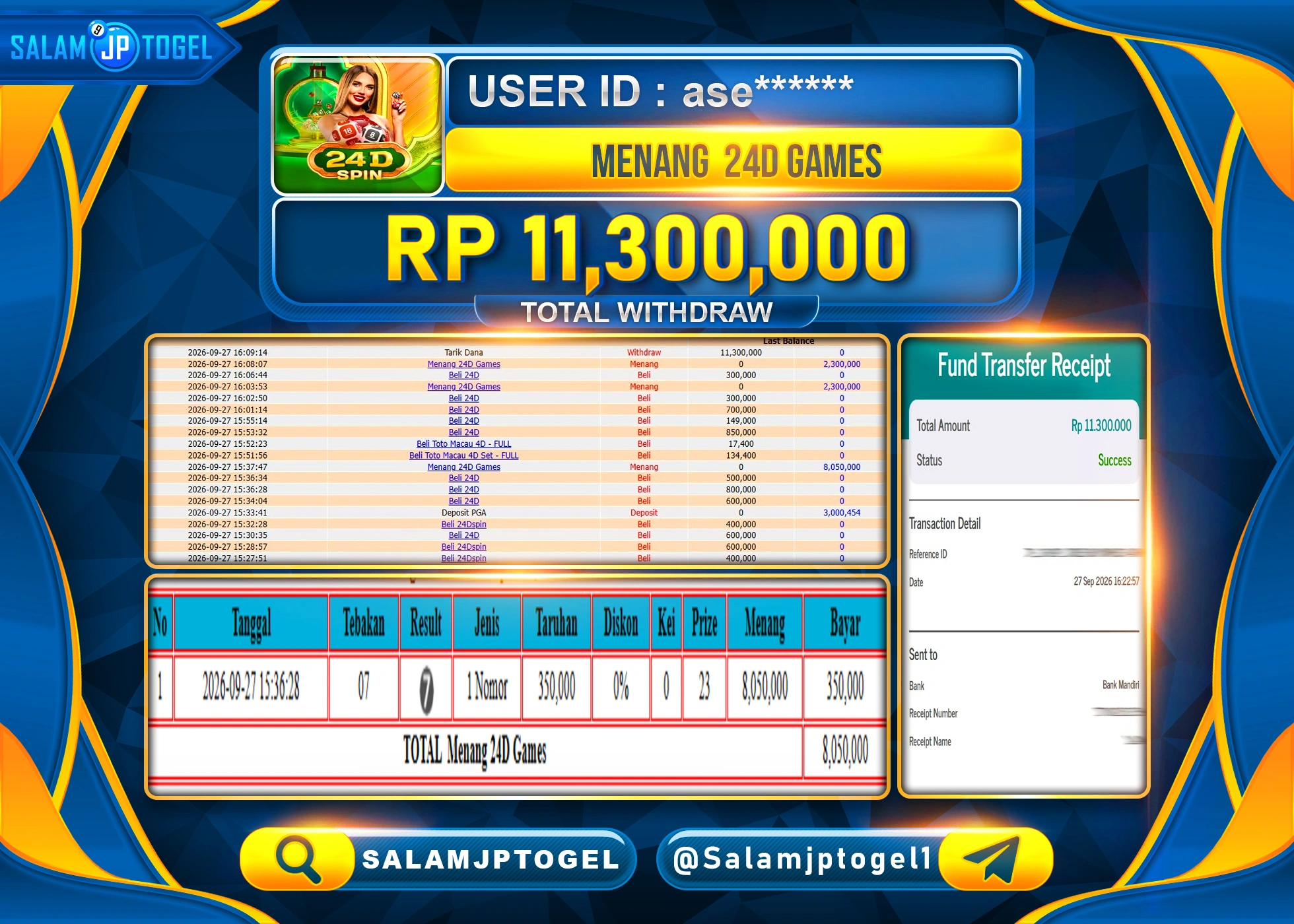 SALAMJPTOGEL JACKPOT MENANG LIVEGAMES 24D GAMES Rp.11,300,000 - LUNAS
