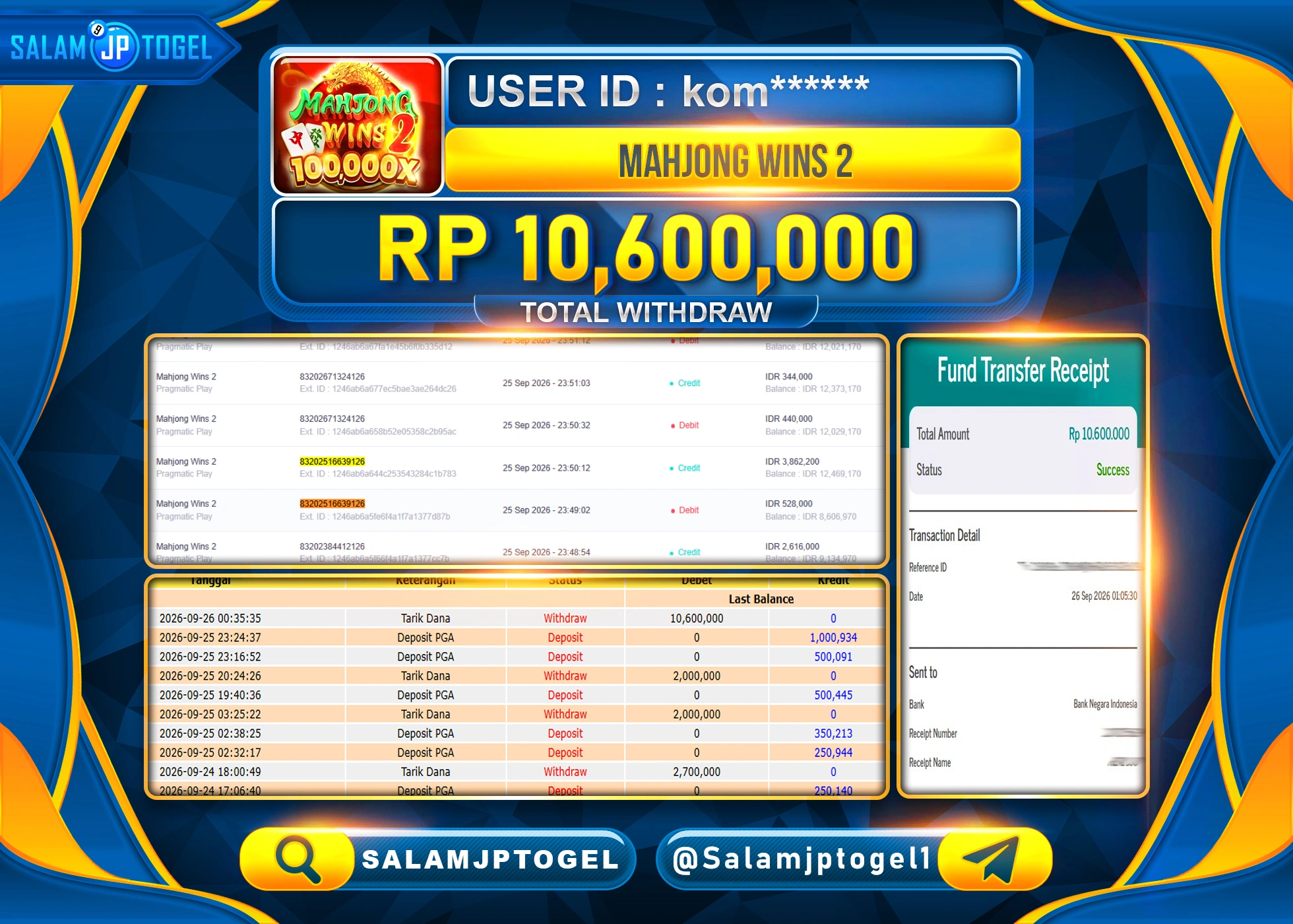 SALAMJPTOGEL JACKPOT MENANG SLOT MAHJONG WAYS 2 Rp.10,600,000 - LUNAS