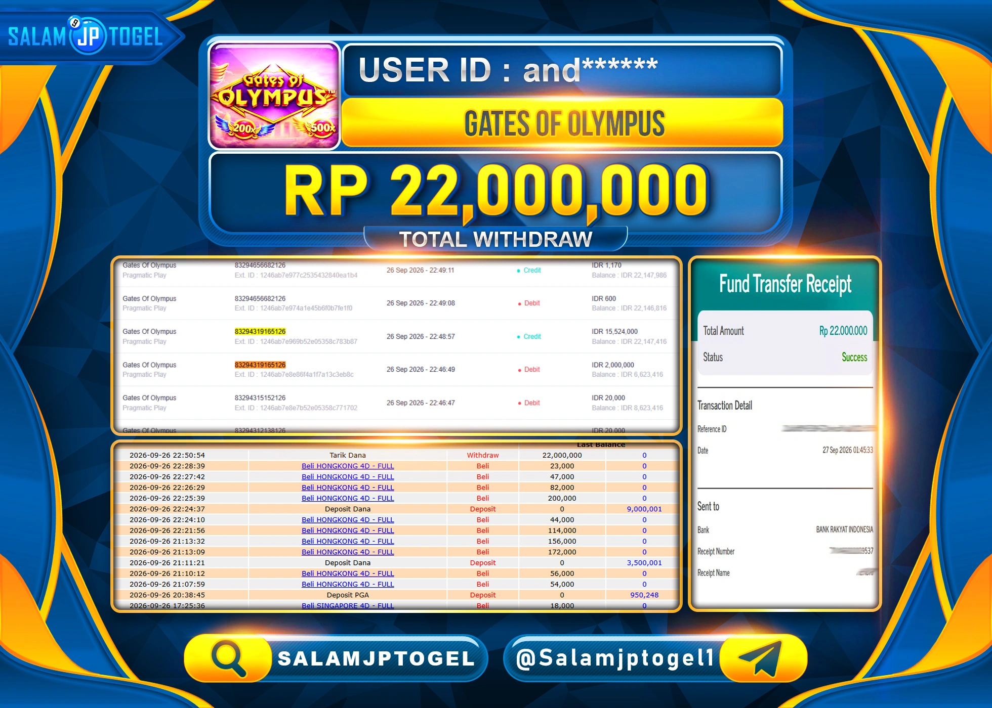 SALAMJPTOGEL JACKPOT MENANG SLOT GATES OF OLYMPUS Rp.22,000,000 - LUNAS