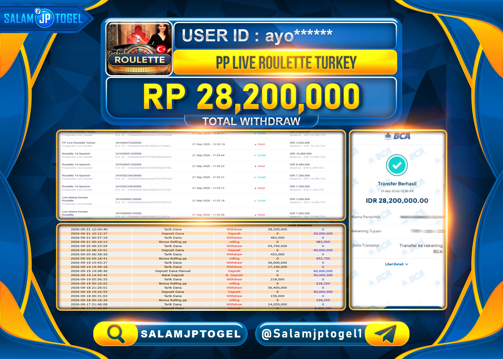 SALAMJPTOGEL JACKPOT MENANG LIVEGAMES PP LIVE ROULETTE TURKEY Rp.28,200,000 - LUNAS