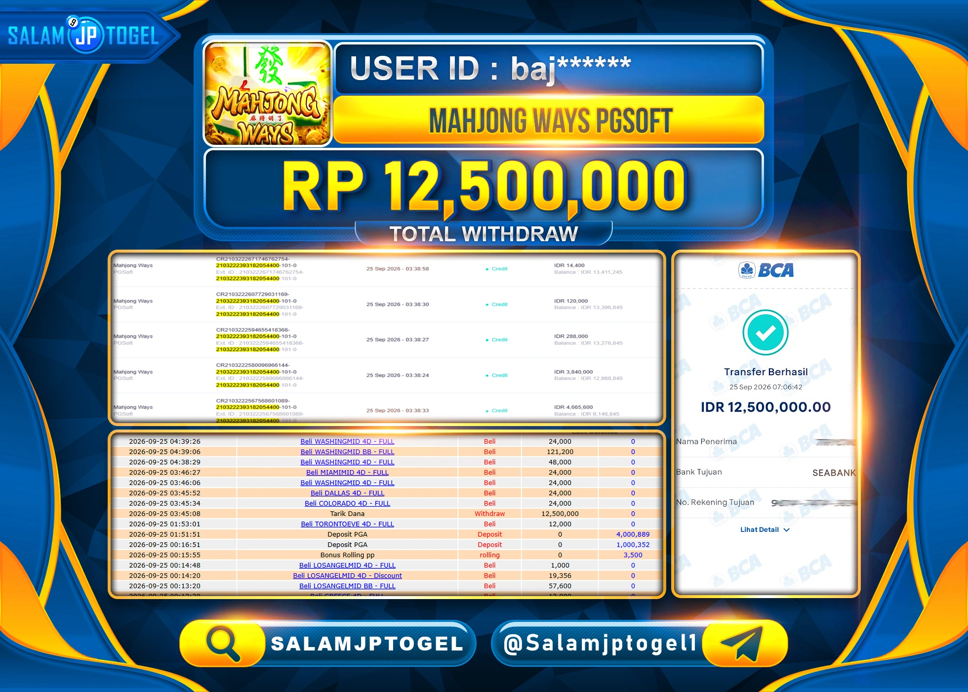 SALAMJPTOGEL JACKPOT MENANG SLOT MAHJONG WAYS Rp.12,500,000 - LUNAS