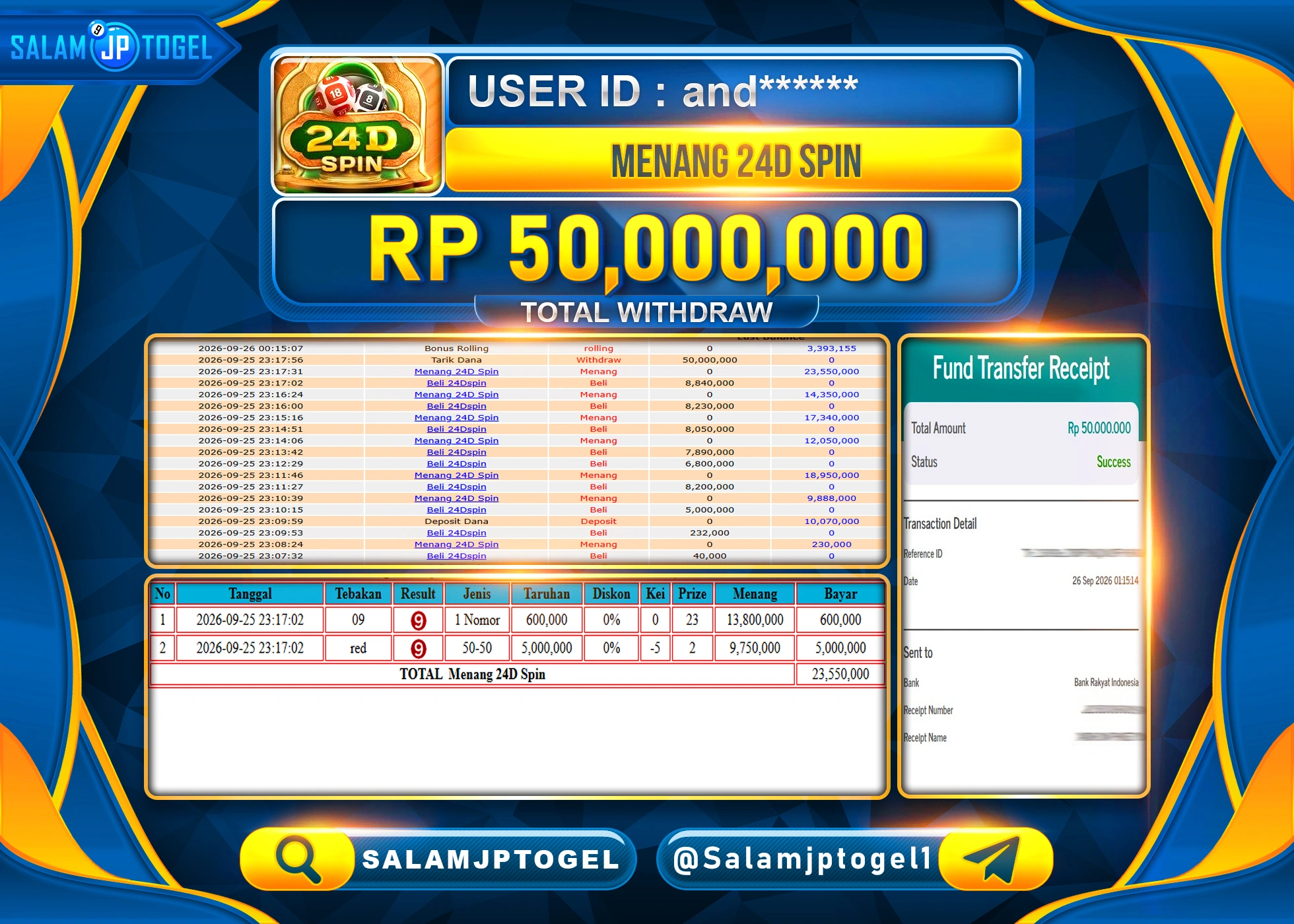 SALAMJPTOGEL JACKPOT MENANG LIVEGAMES 24D SPIN GAMES Rp.50,000,000 - LUNAS