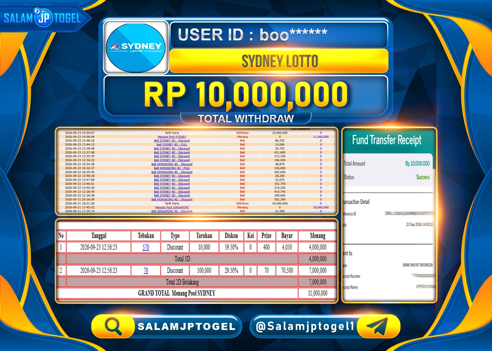SALAMJPTOGEL JACKPOT MENANG TOGEL SYDNEY LOTTO Rp.10,000,000 - LUNAS