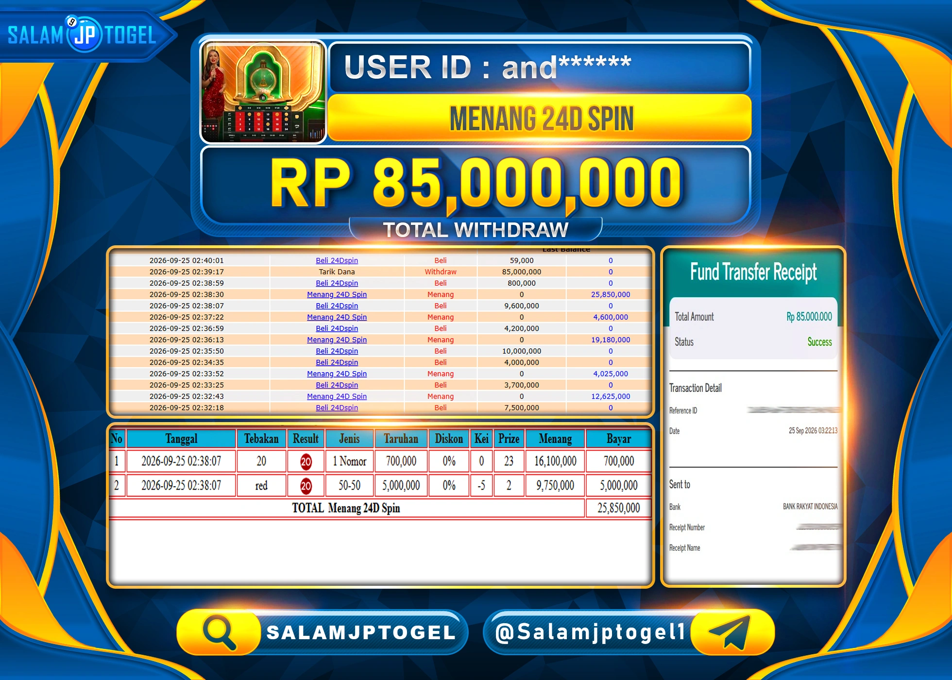 SALAMJPTOGEL JACKPOT MENANG LIVEGAMES 24D SPIN GAMES Rp.85,000,000 - LUNAS