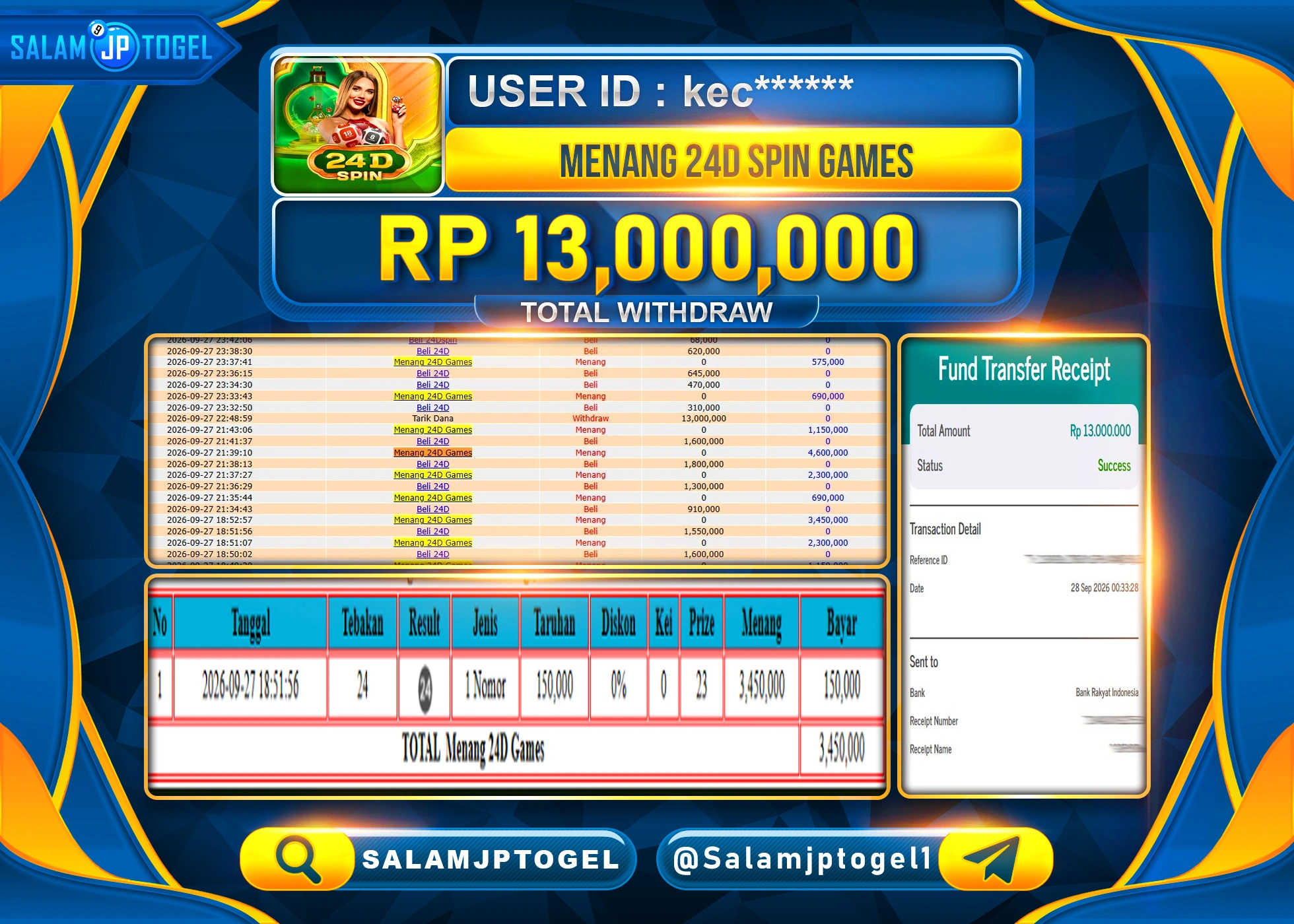 SALAMJPTOGEL JACKPOT MENANG LIVEGAMES 24D SPIN GAMES Rp.13,000,000 - LUNAS