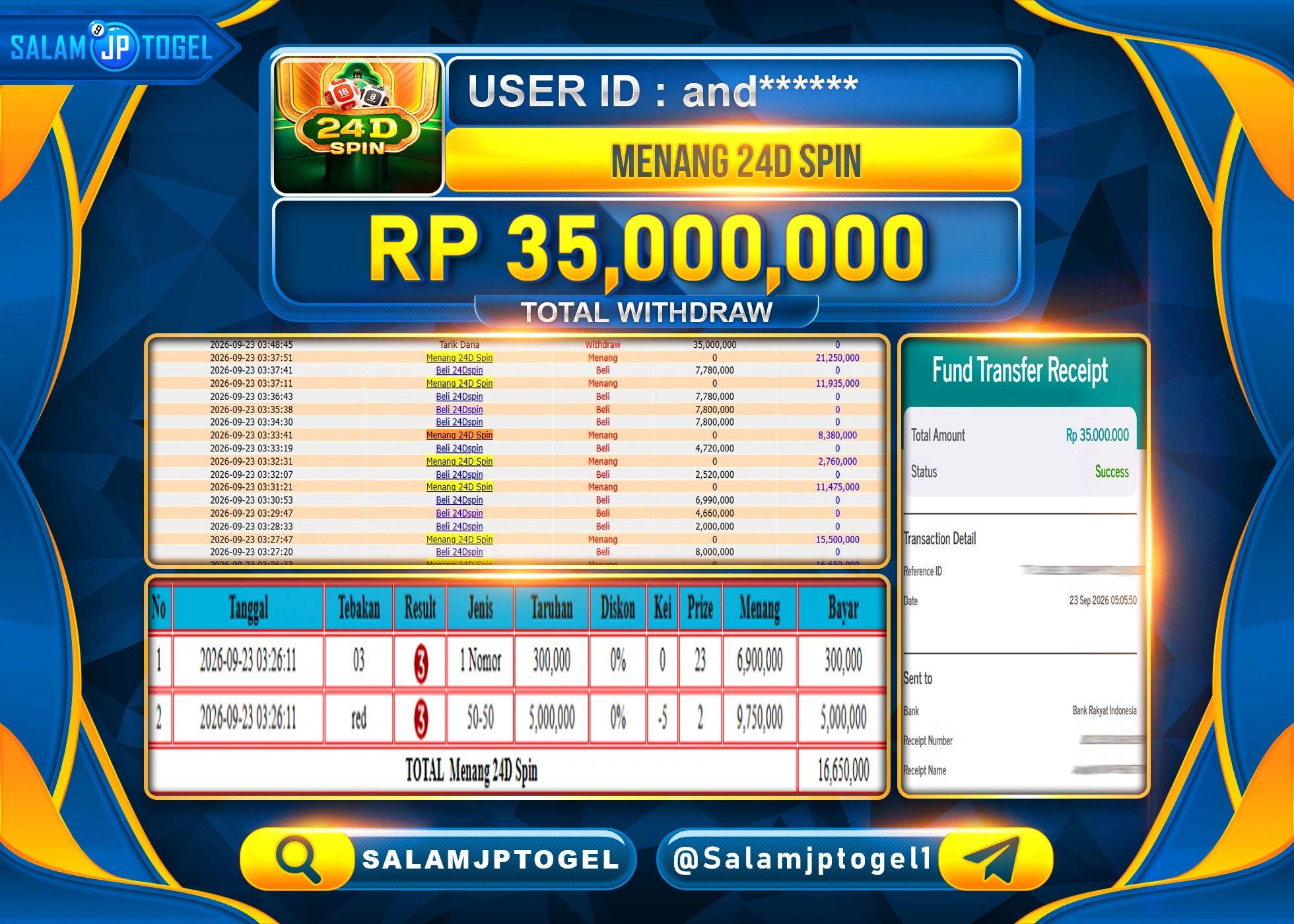 SALAMJPTOGEL JACKPOT MENANG LIVEGAMES 24D SPIN GAMES Rp.35,000,000 - LUNAS