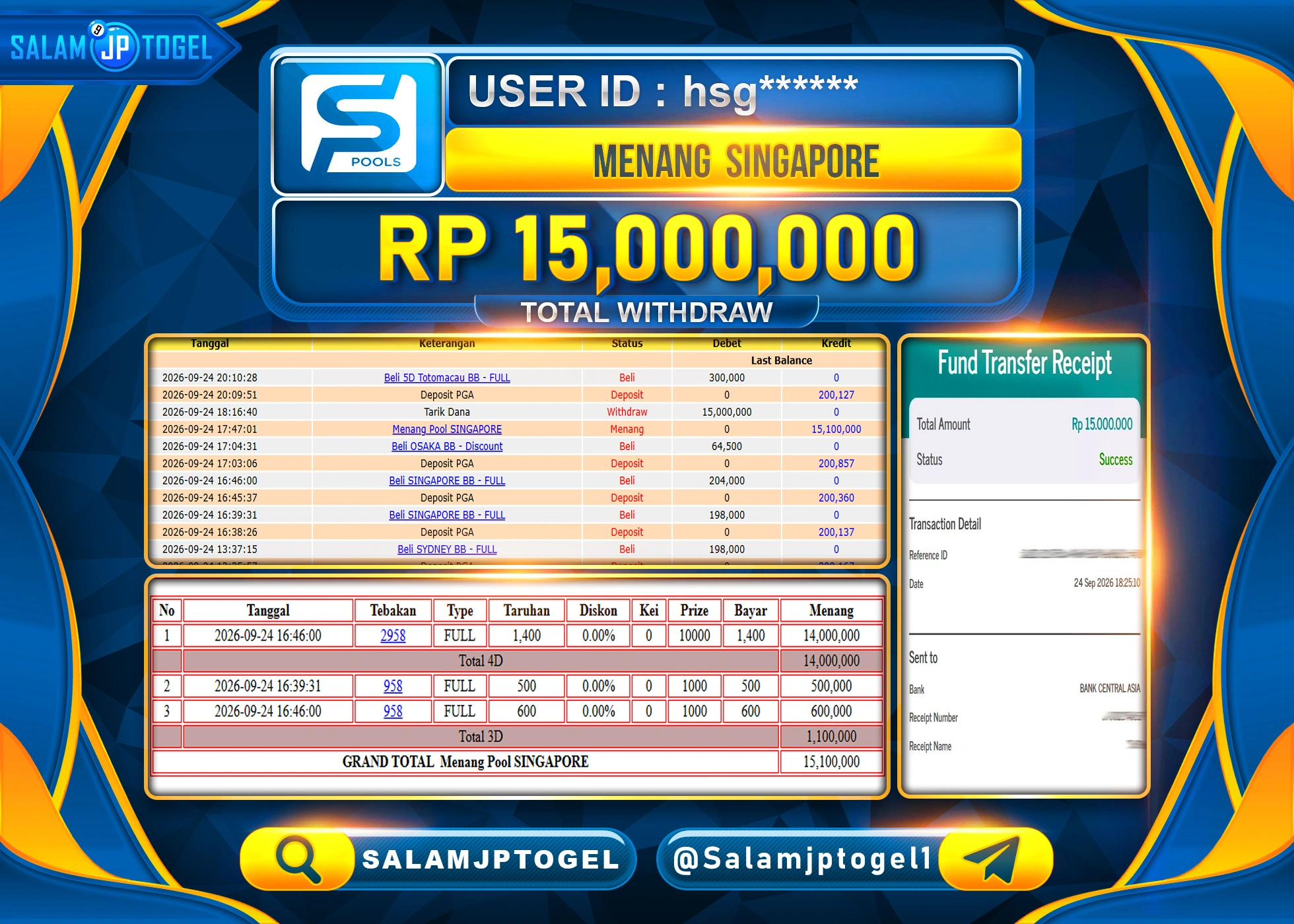 SALAMJPTOGEL JACKPOT MENANG TOGEL SINGAPORE Rp.15,000,000 - LUNAS