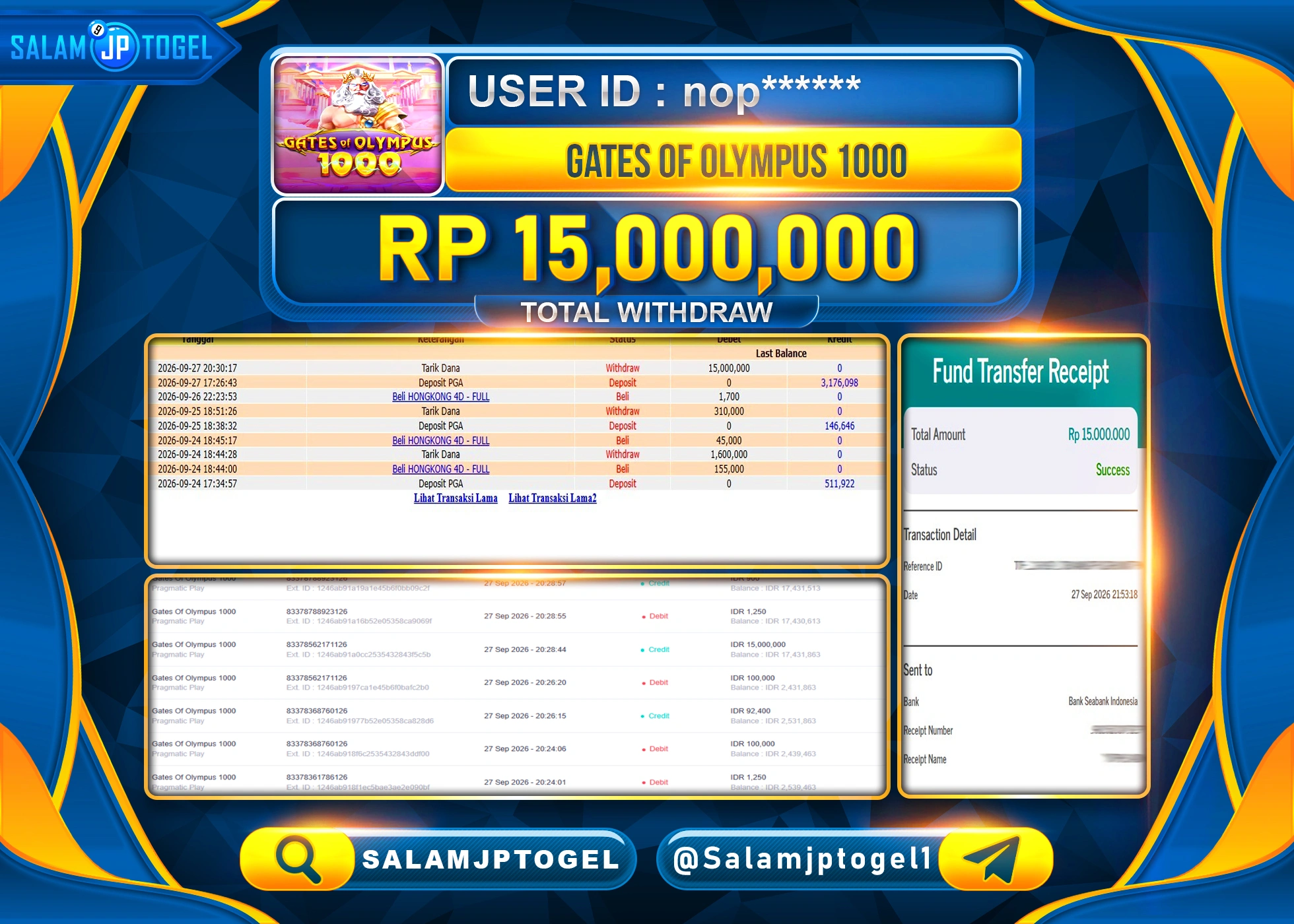 SALAMJPTOGEL JACKPOT MENANG SLOT GATES OF OLYMPUS 1000 Rp.15,000,000 - LUNAS