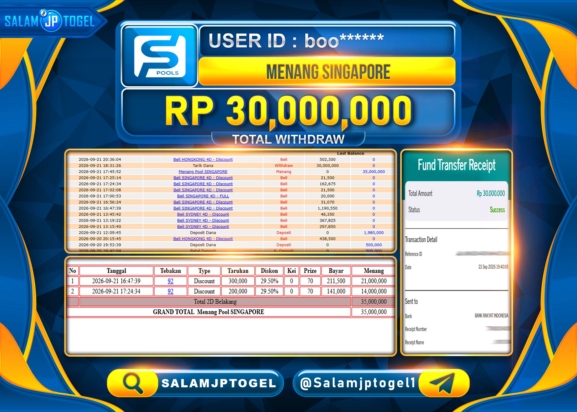 SALAMJPTOGEL JACKPOT MENANG TOGEL SINGAPORE POOLS  Rp.30,000,000 - LUNAS