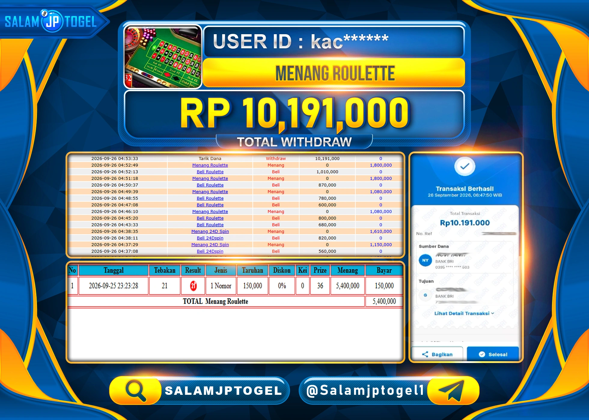 SALAMJPTOGEL JACKPOT MENANG LIVEGAMES ROULETTE GAMES Rp.10,191,000 - LUNAS