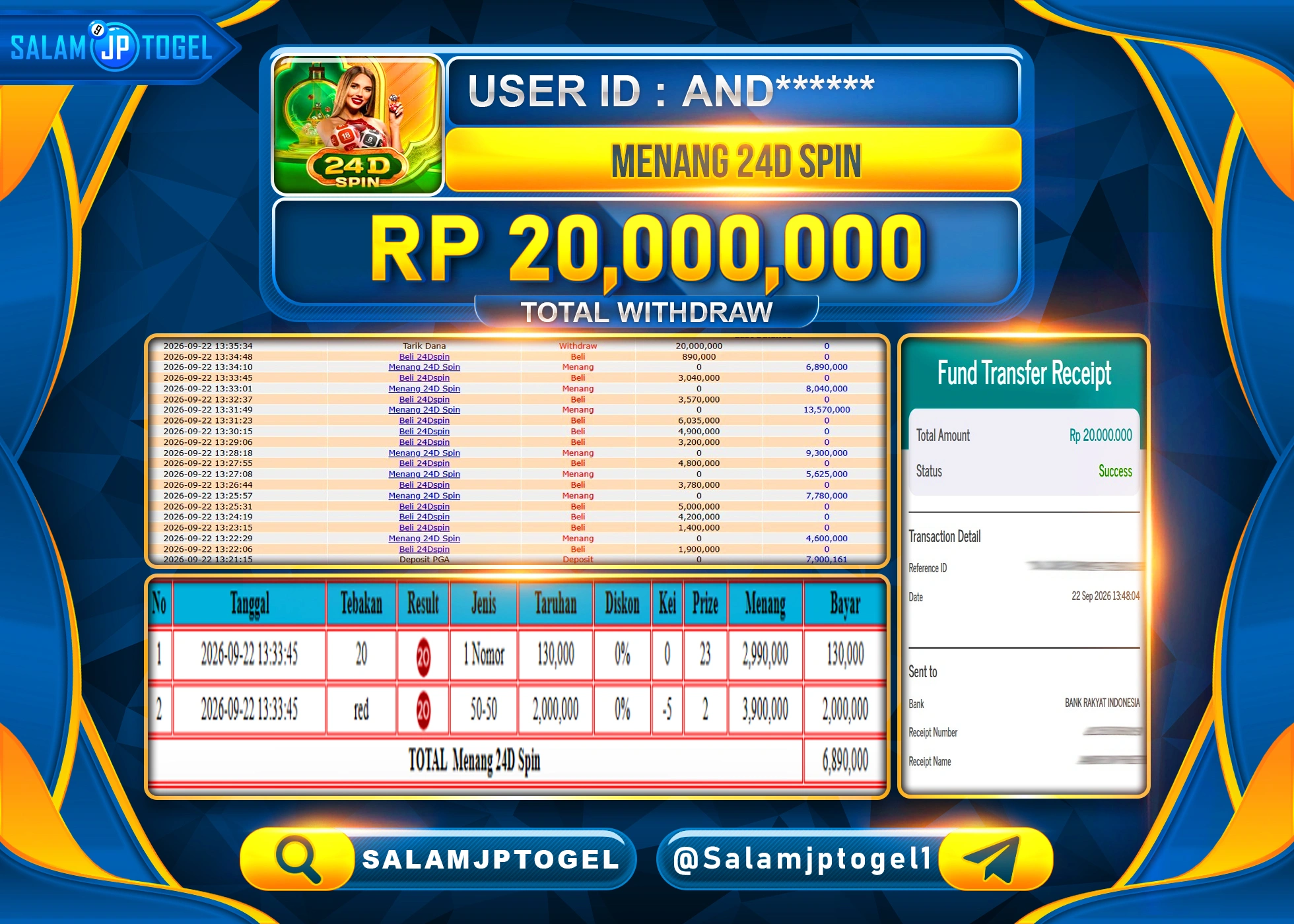 SALAMJPTOGEL JACKPOT MENANG LIVEGAMES 24D SPIN  Rp.20,000,000 - LUNAS