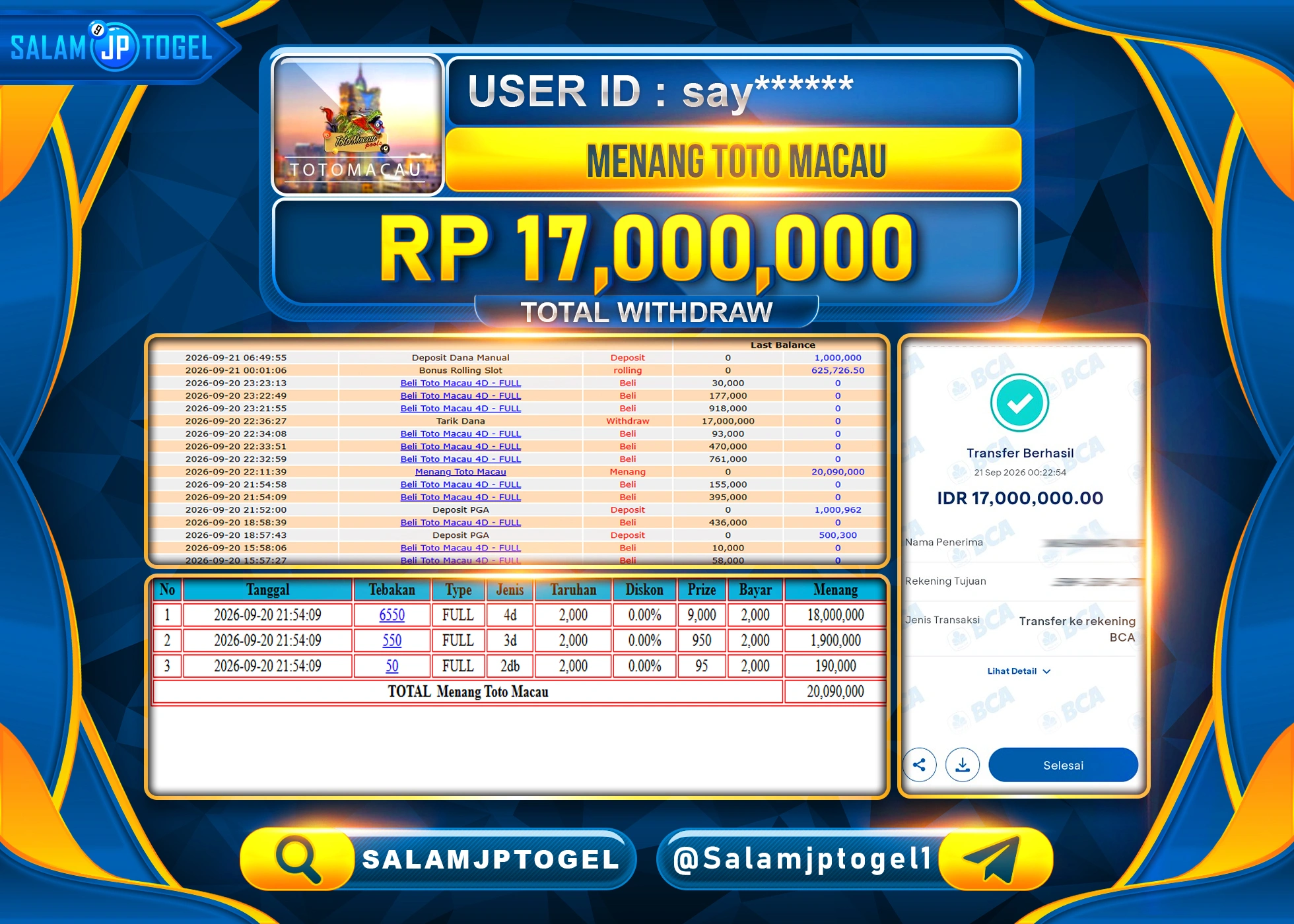 SALAMJPTOGEL JACKPOT MENANG TOGEL TOTO MACAU 4D Rp.17,000,000 - LUNAS