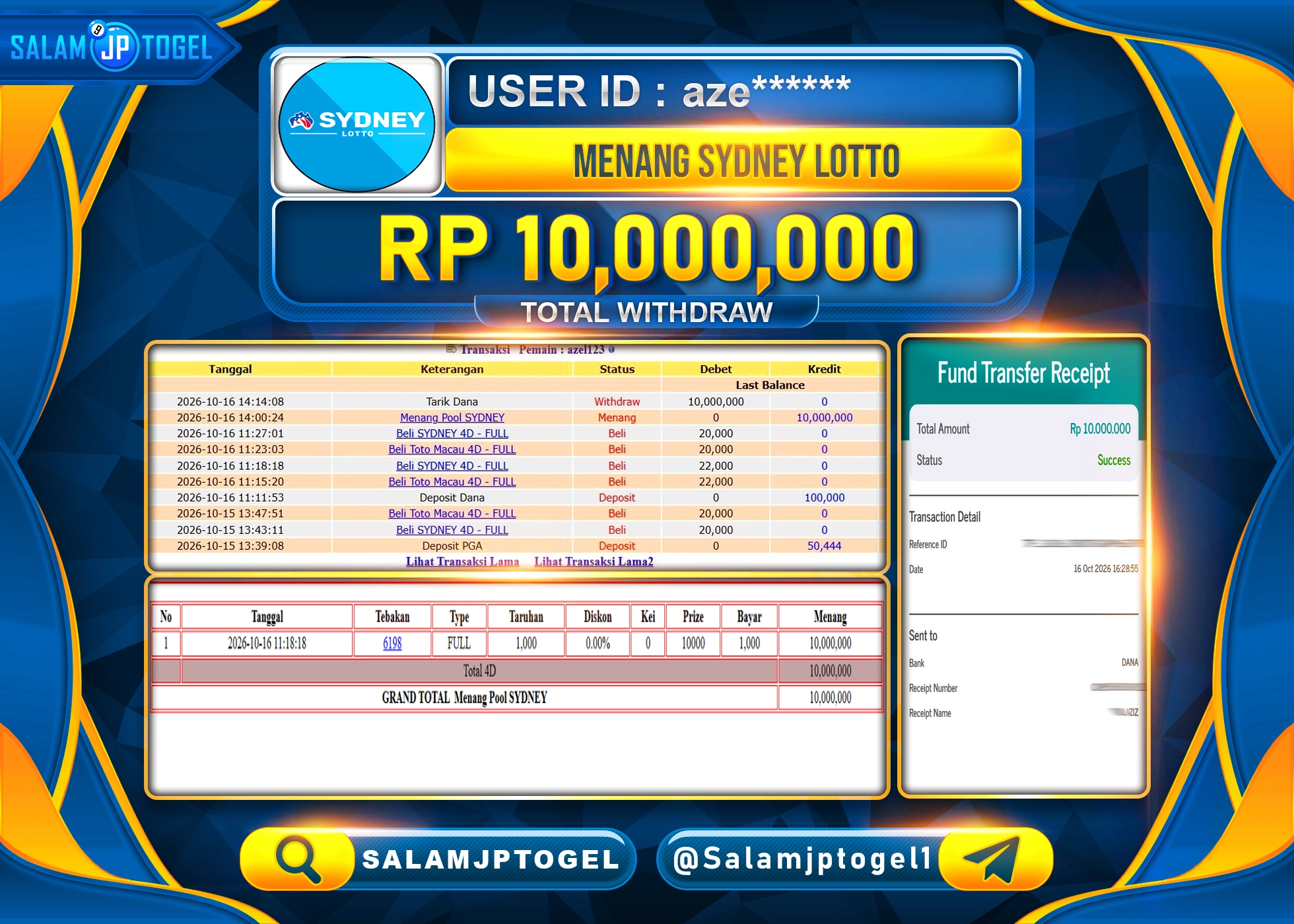 SALAMJPTOGEL JACKPOT MEMBER MENANG TOGEL SDYNEY LOTTO Rp.10,000,000 - LUNAS