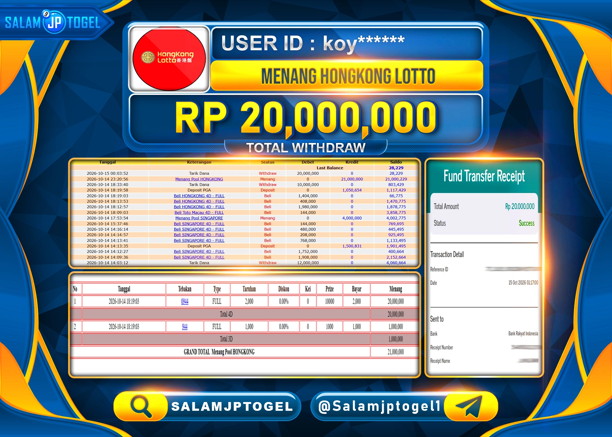 SALAMJPTOGEL JACKPOT MEMBER MENANG TOGEL HONGKONG LOTTO Rp.20,000,000 - LUNAS