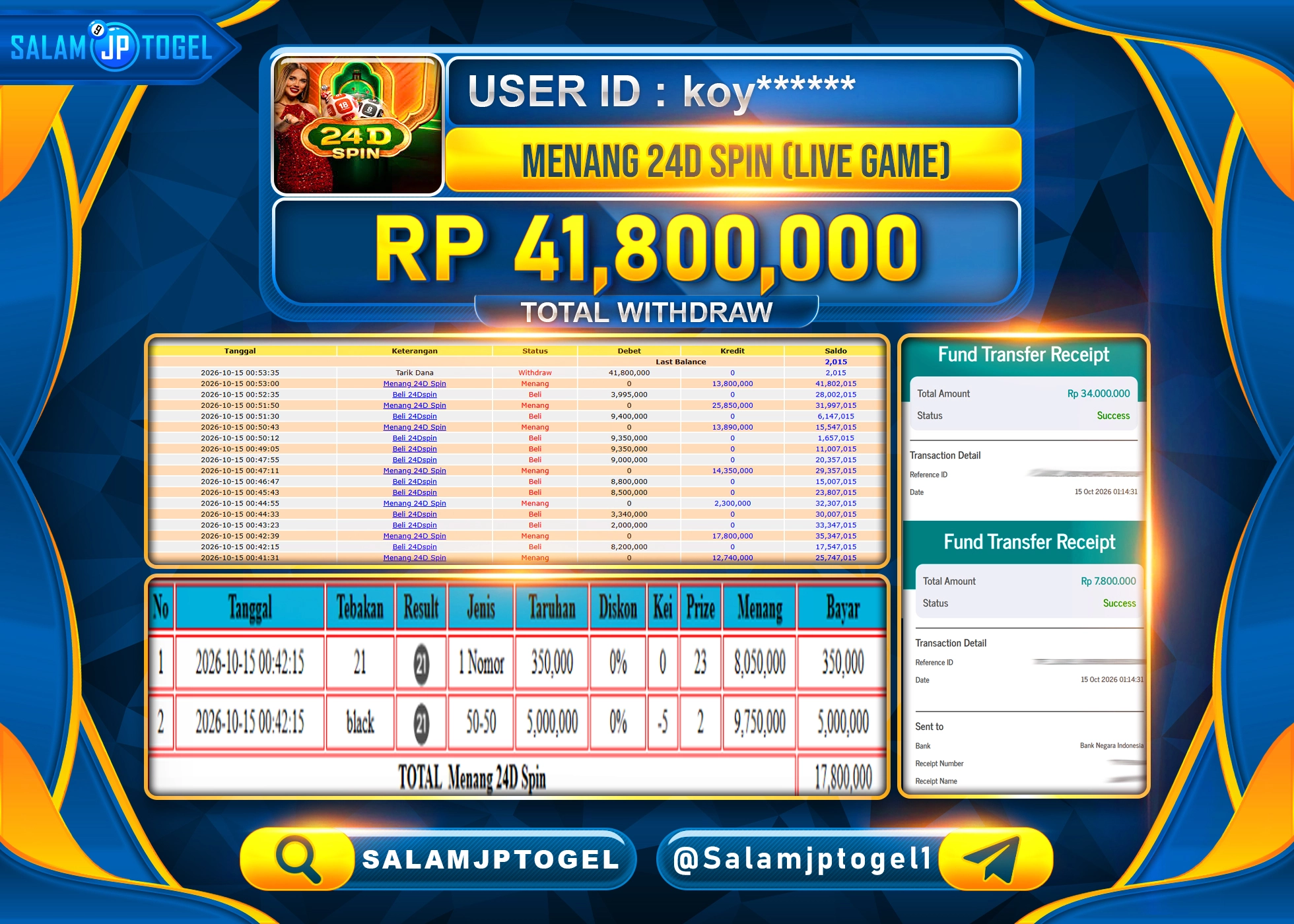 SALAMJPTOGEL JACKPOT MENANG LIVEGAMES 24D SPIN (LIVEGAMES) Rp.41,800,000 - LUNAS