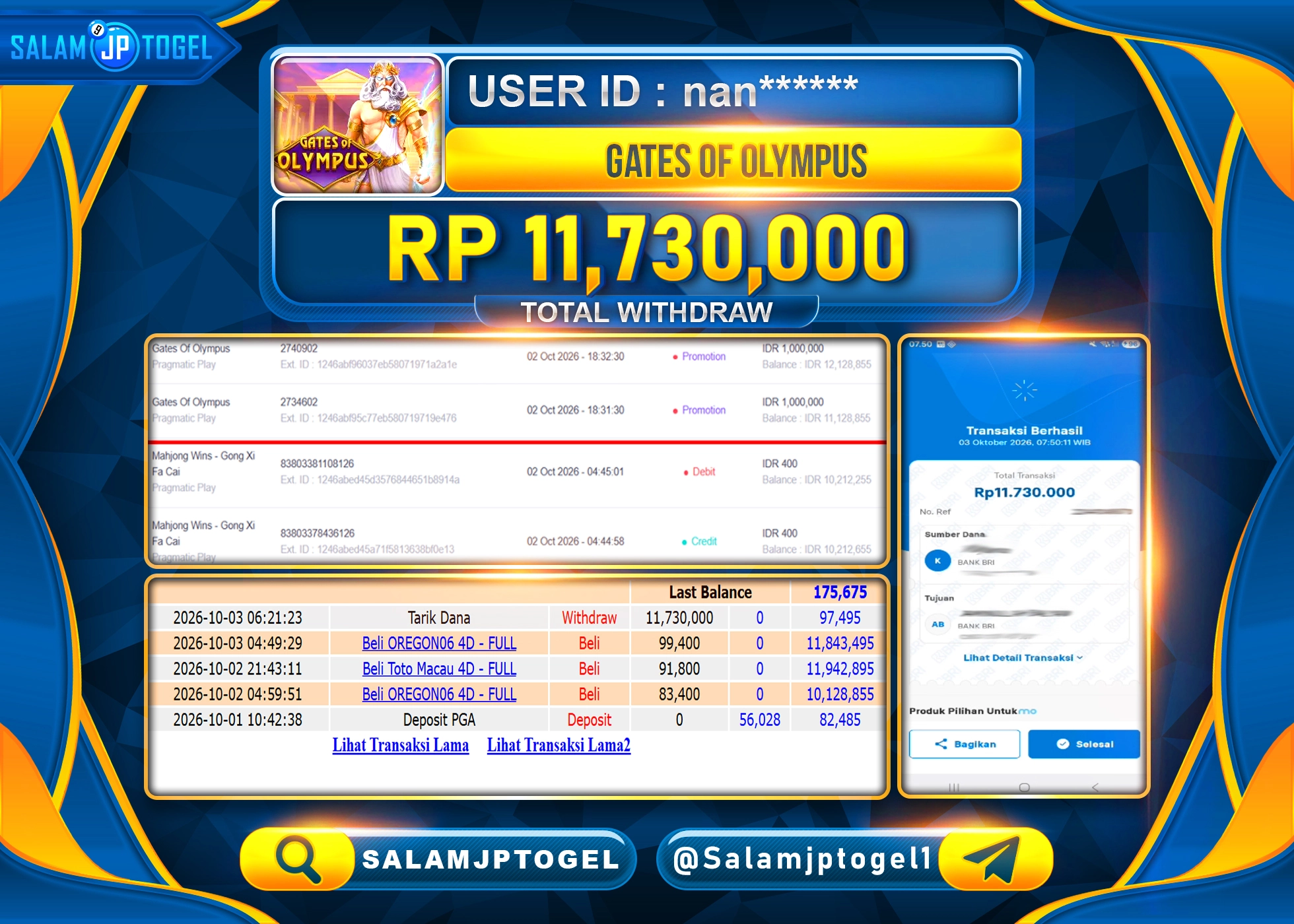 SALAMJPTOGEL JACKPOT MENANG SLOT GATES OF OLYMPUS Rp.11,730,000 - LUNAS
