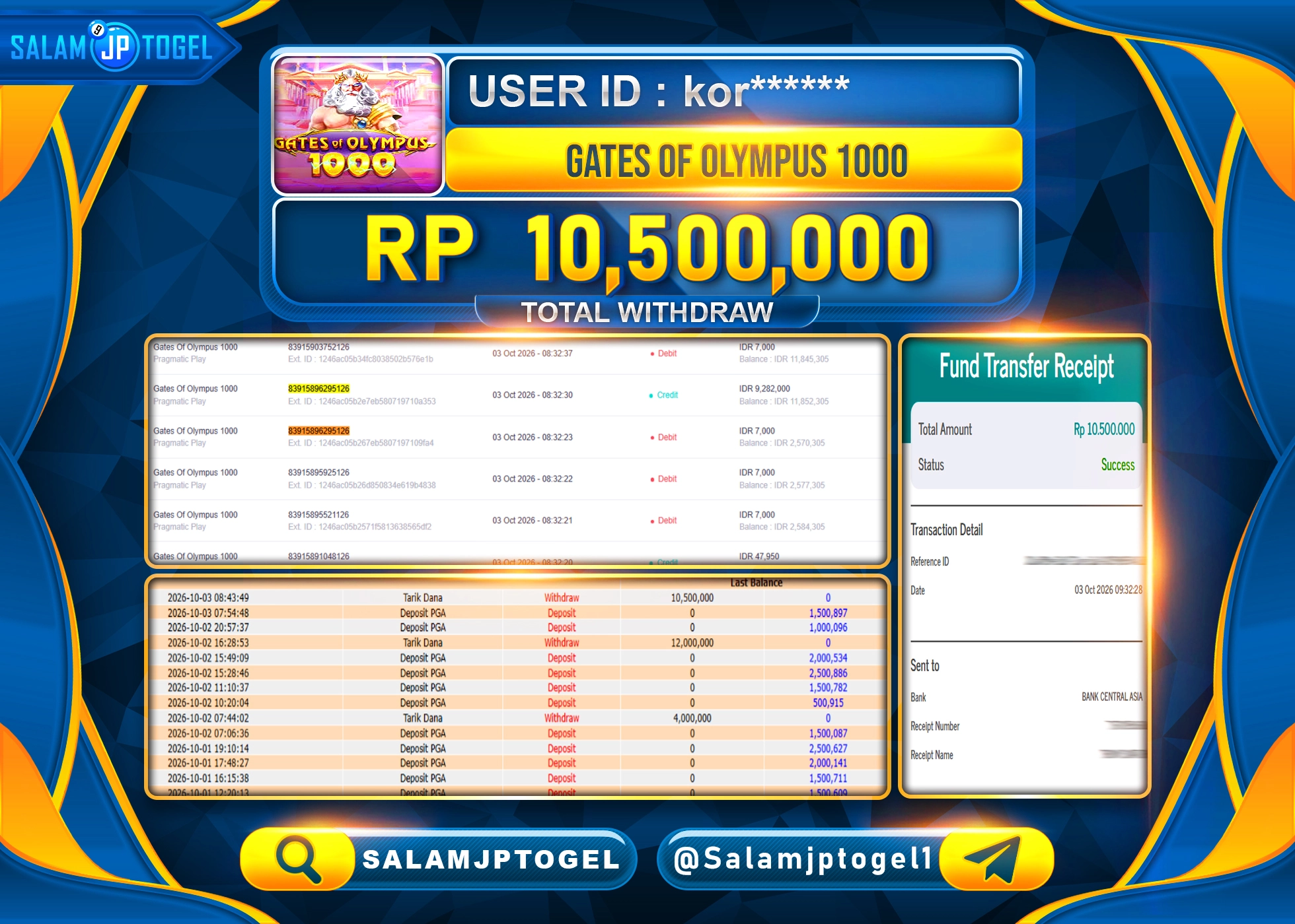 SALAMJPTOGEL JACKPOT MENANG SLOT GATES OF OLYMPUS 1000 Rp.10,500,000 - LUNAS