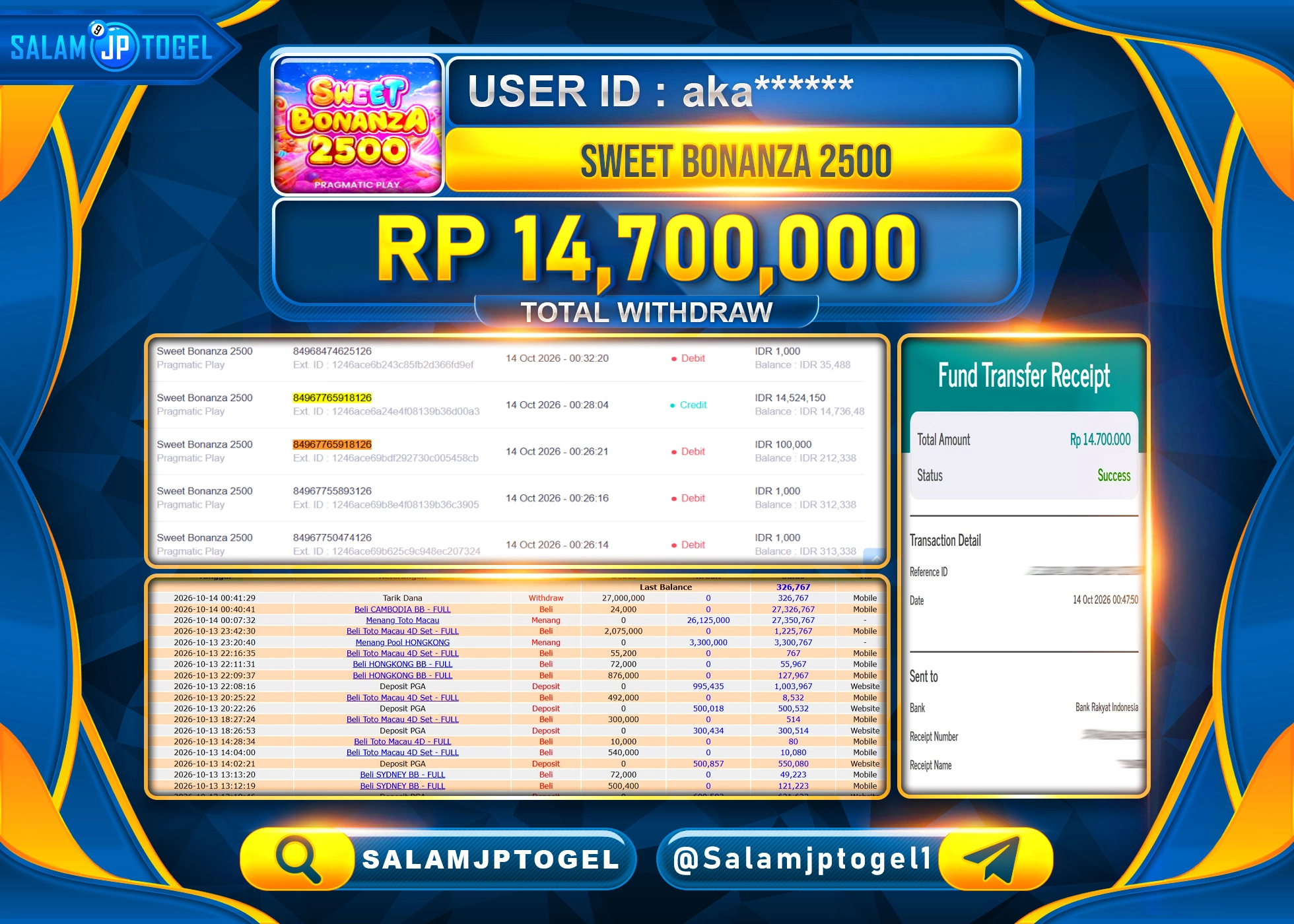 SALAMJPTOGEL JACKPOT MEMBER MENANG SLOT SWEET BONANZA 2500 Rp.14,700,000 - LUNAS