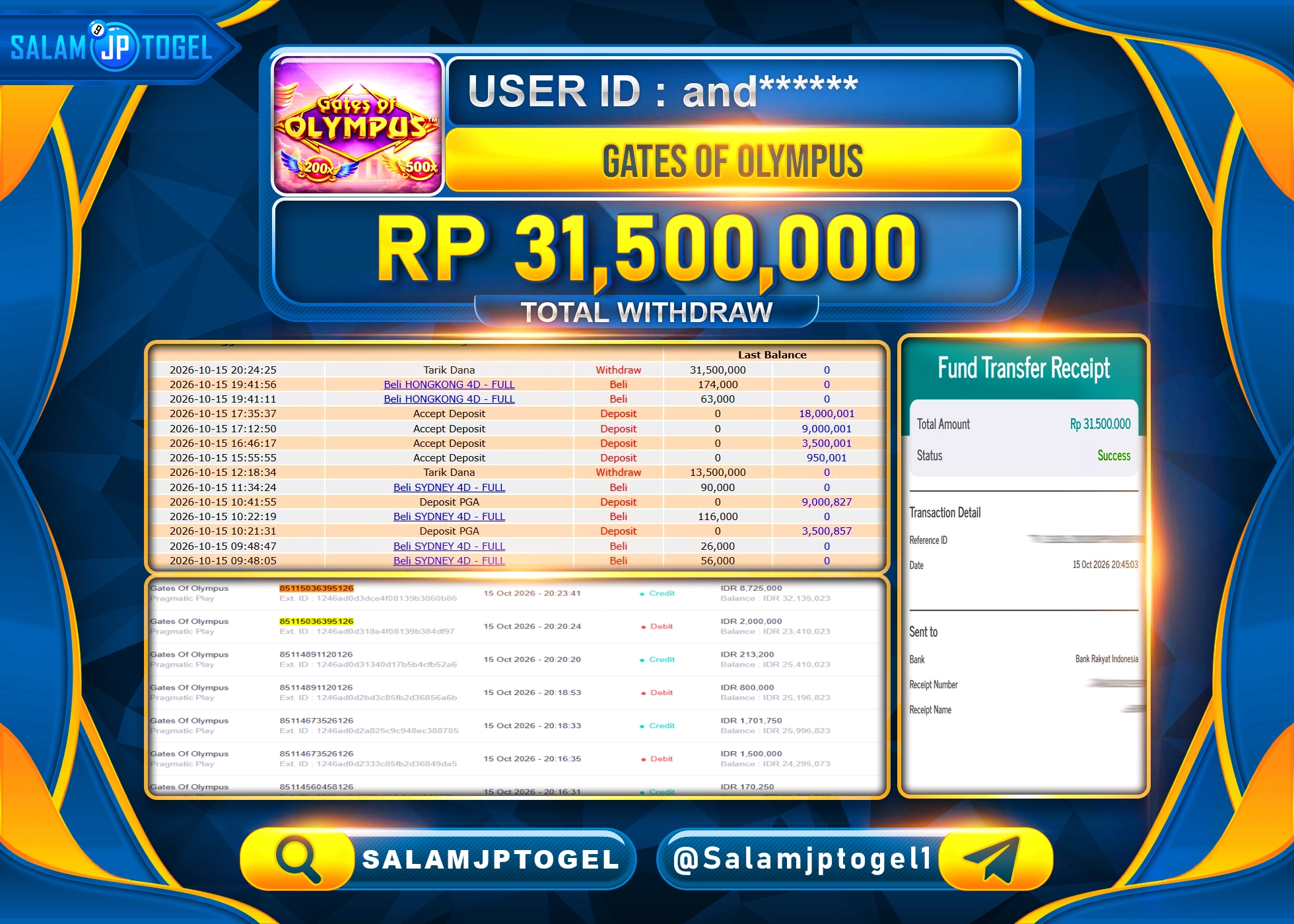 SALAMJPTOGEL JACKPOT MENANG SLOT GATES OF OLYMPUS  PRAGMATIC PLAY Rp.31,500,000 - LUNAS