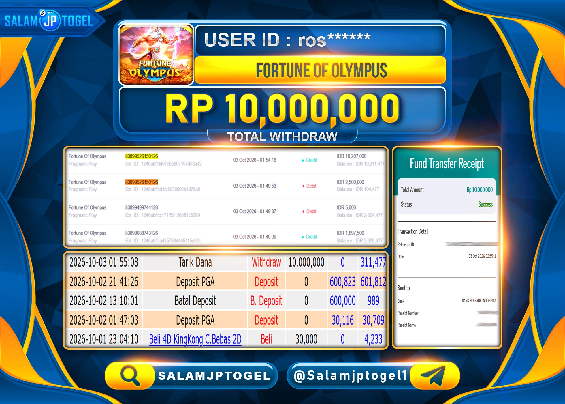 SALAMJPTOGEL JACKPOT MENANG SLOT FORTUNE OF OLYMPUS Rp.10,000,000 - LUNAS