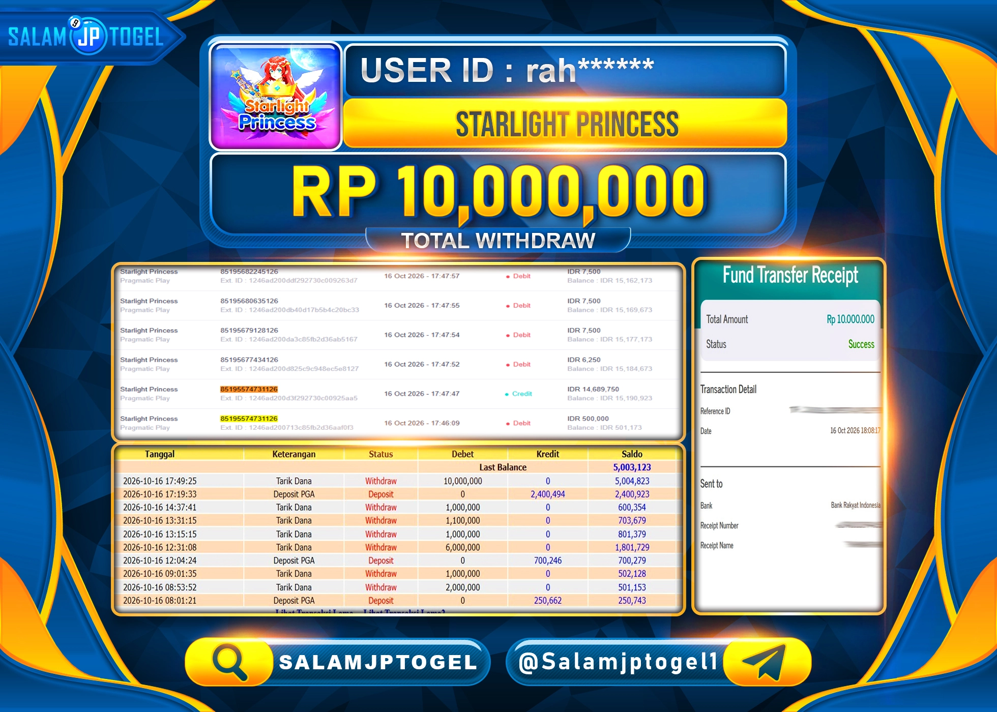 SALAMJPTOGEL JACKPOT MENANG SLOT STARLIGHT PRINCESS PRAGMATIC PLAY Rp.10,000,000 - LUNAS