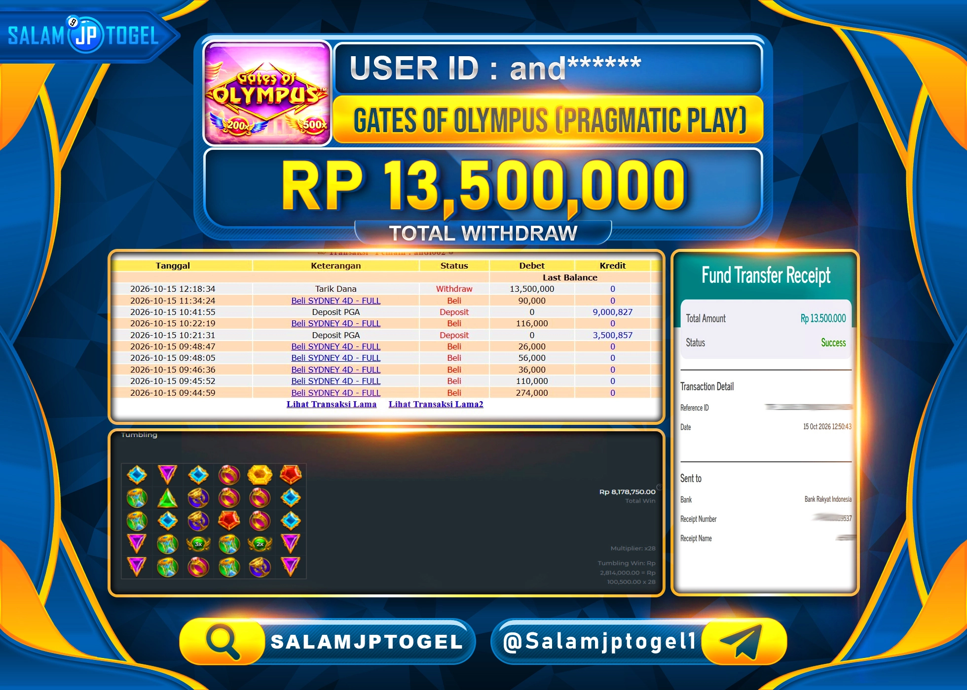 SALAMJPTOGEL JACKPOT MENANG SLOT GATES OF OLYMPUS PRAGMATIC PLAY Rp.13,500,000 - LUNAS