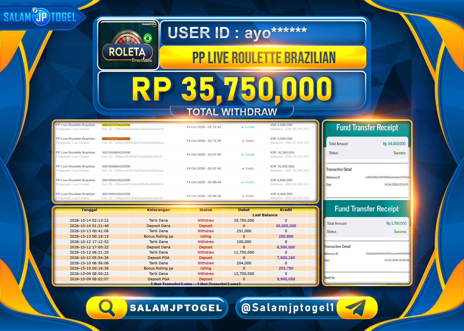 SALAMJPTOGEL JACKPOT MENANG LIVEGAMES PP LIVE BRAZILIAN Rp.35,750,000 - LUNAS