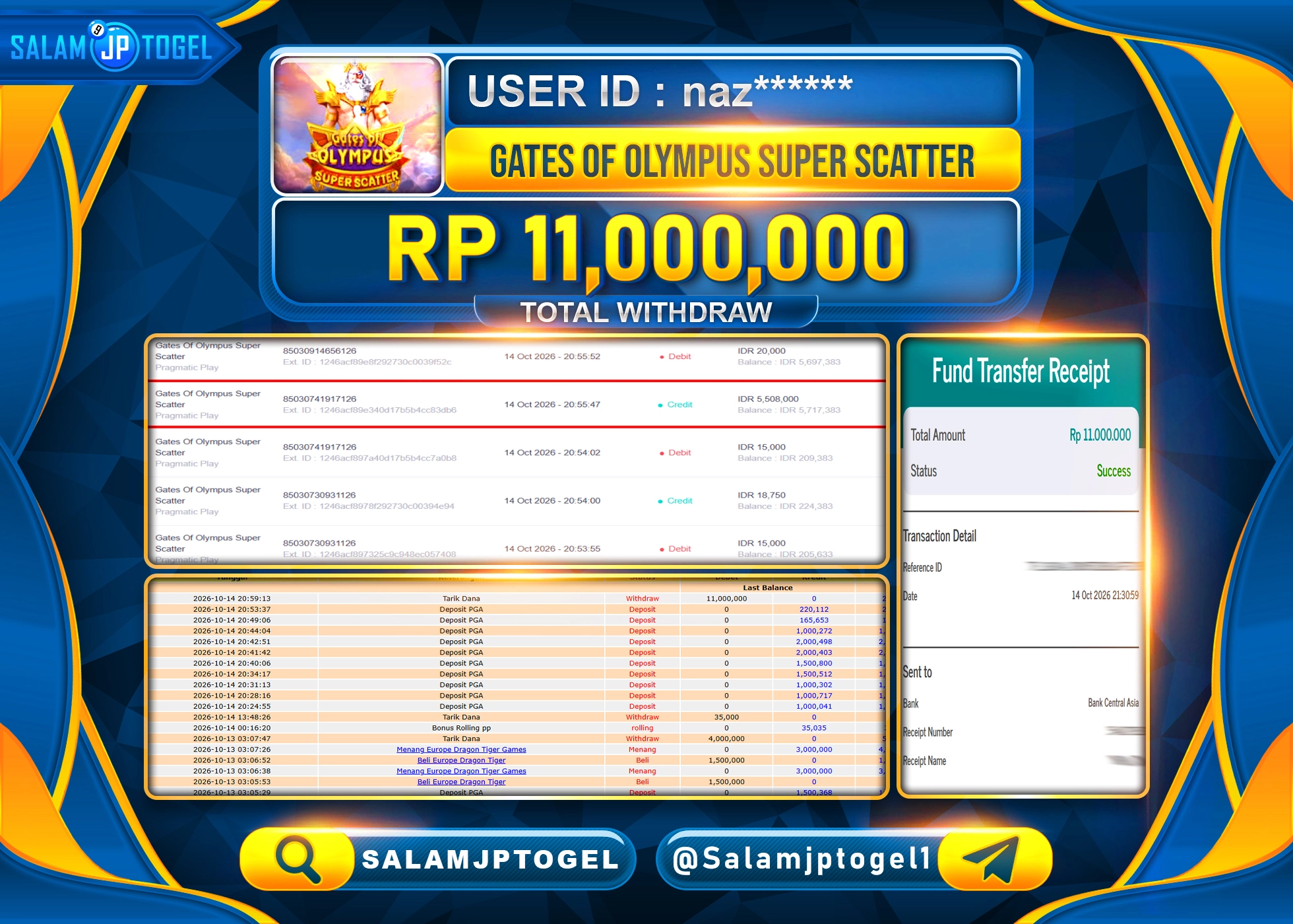 SALAMJPTOGEL JACKPOT MENANG SLOT GATES OF OLYMPUS  SUPER SCATTER Rp.11,000,000 - LUNAS