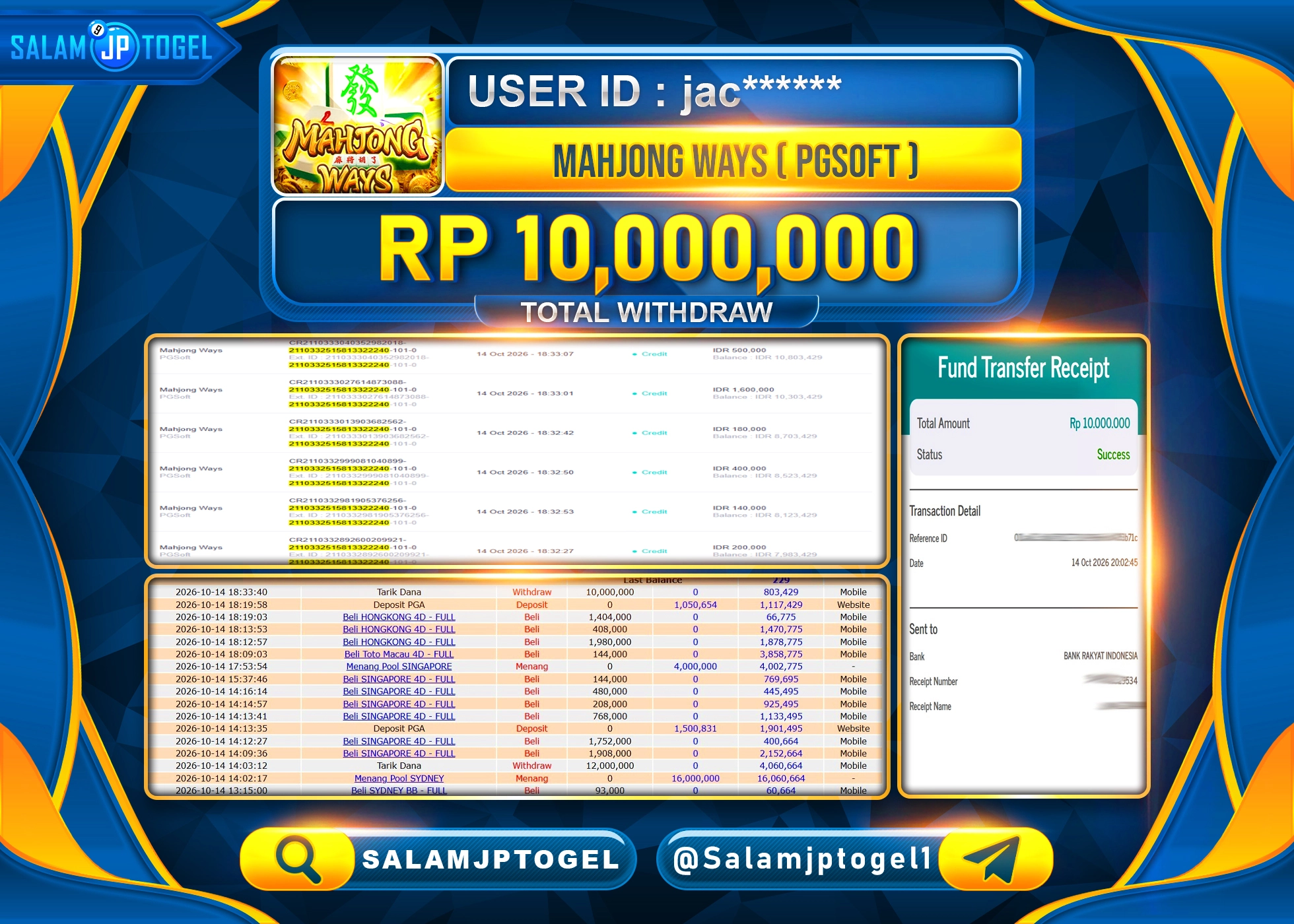 SALAMJPTOGEL JACKPOT MENANG SLOT MAHJONG WAYS PGSOFT Rp.10,000,000 - LUNAS
