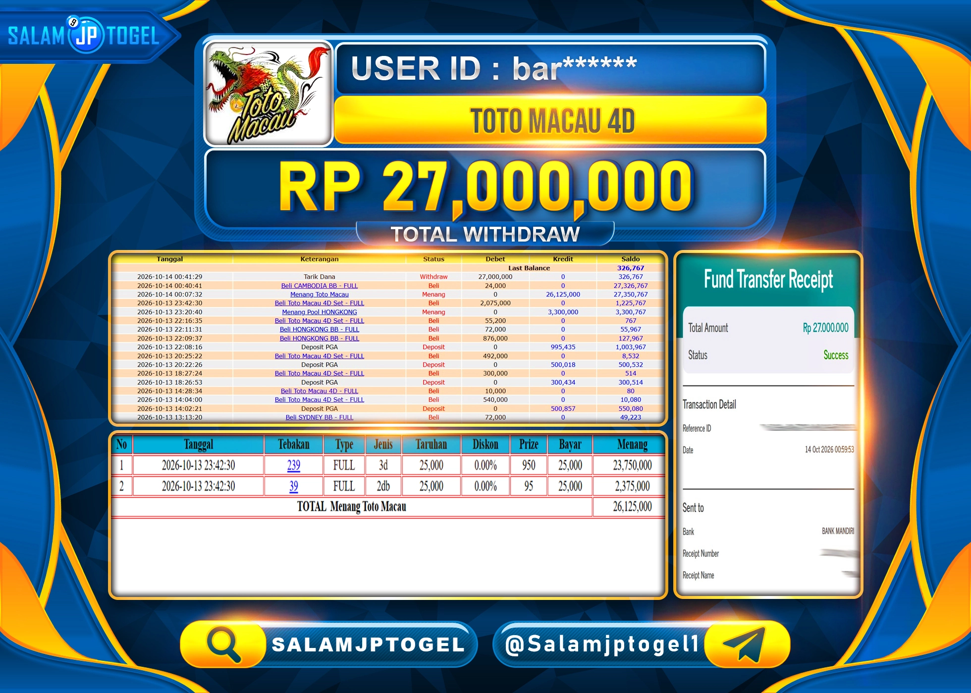 SALAMJPTOGEL JACKPOT  MEMBER MENANG TOGEL TOTO MACAU 4D Rp.27,000,000 - LUNAS