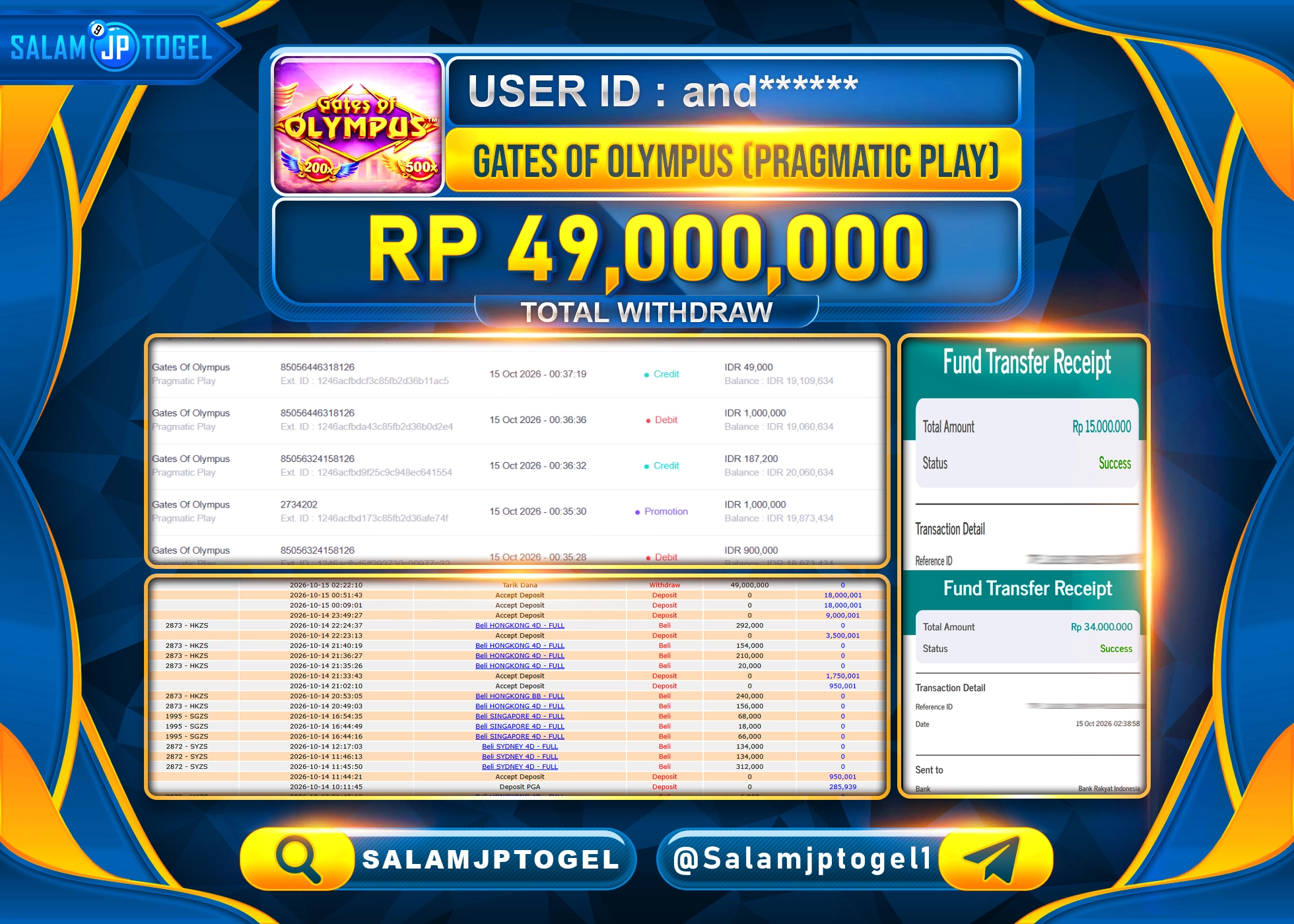 SALAMJPTOGEL JACKPOT MENANG SLOT GATES OF OLYMPUS  PRAGMATIC PLAY Rp.49,000,000 - LUNAS